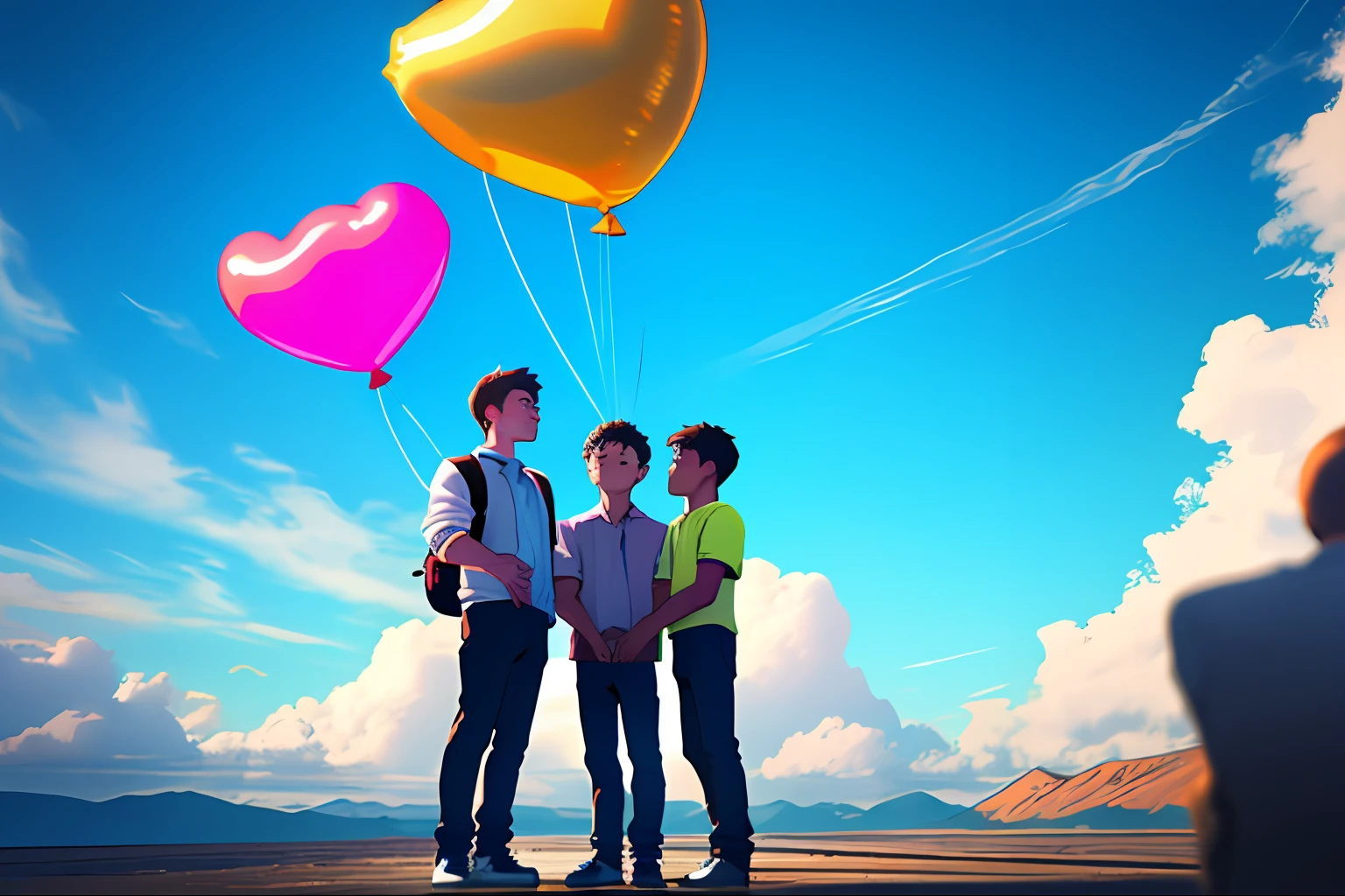 Three boys,a lot of balloons,The birthday cake,Support each other