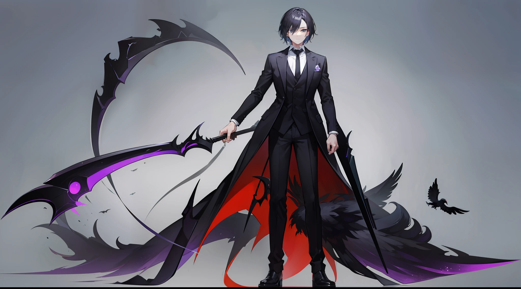 a guy in a black suit wearing a scythe looking like death and a crow on his shoulder, Gender Transformation MTF Sequence Fullbody, Simple Background, Standing