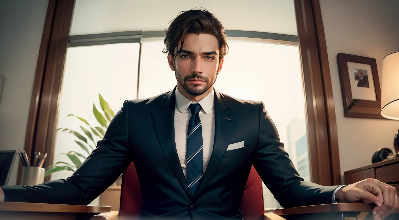 Um homem de 32 anos com terno, sitting directly in your chair in your luxury office.