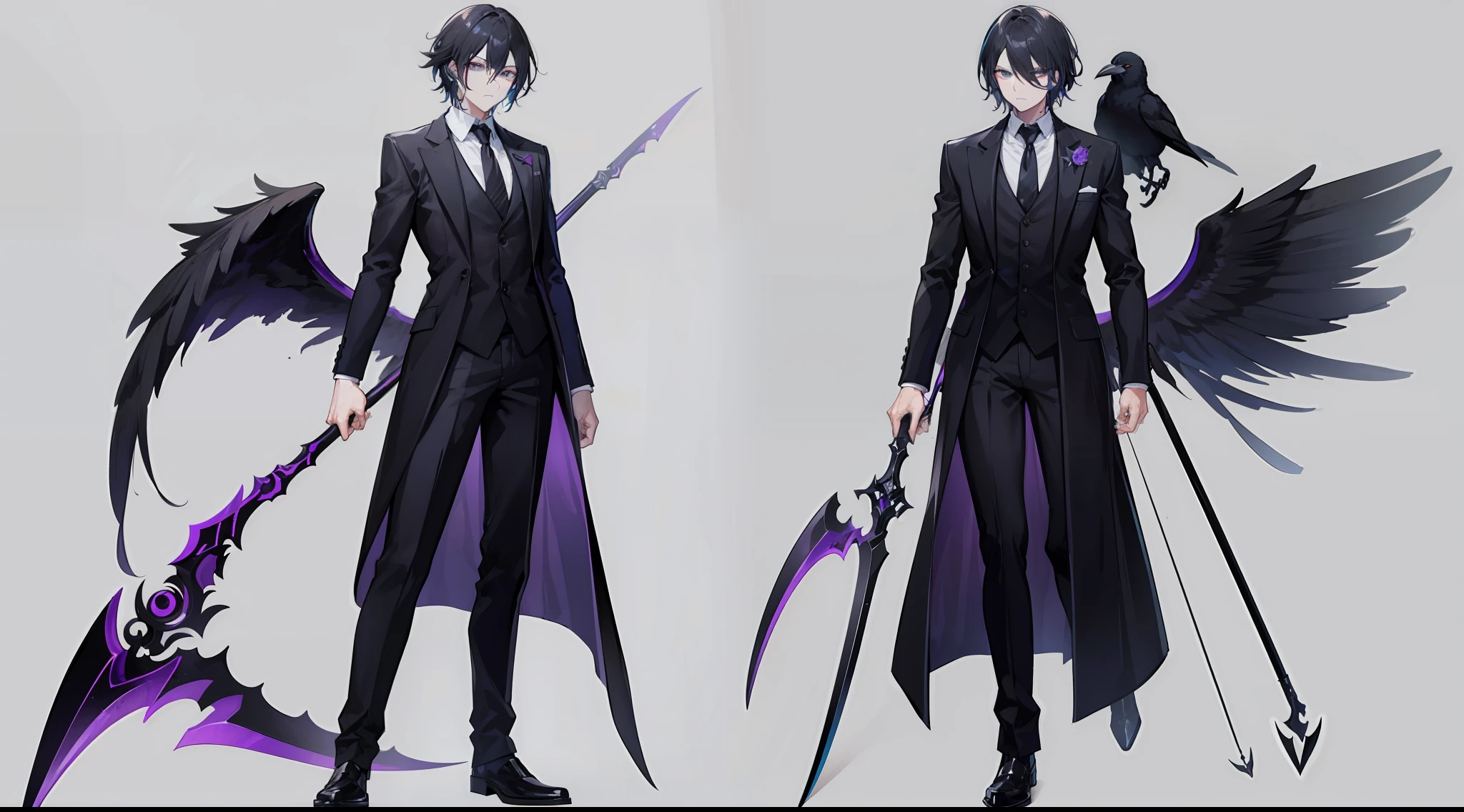 a guy in a black suit wearing a scythe looking like death and a crow on his shoulder, Gender Transformation MTF Sequence Fullbody, Simple Background, Standing