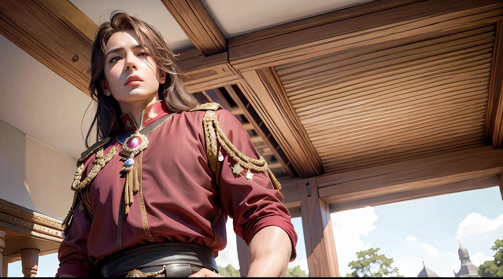 drawing, ultra realistic, 8k, extremely detailed, high quality, natural light image, daylight, earth sunlight, ultra realistic image, realistic texture, extremely detailed, high quality, man, hyperrealistic skin, well defined, red tunic wear , blue silk and rhinestones Indian royal prince, sad look, worried countenance, inside a beautiful luxurious castle, white and gold, daylight, sunrays penetrating the scenery, rich colors hyper realistic realistic texture } unreal engine trend in artstation cinestill 800, 8k