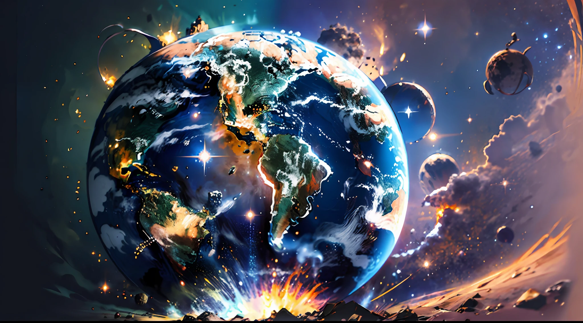 Stylized illustration of the world featured in South America, com fundo de estrelas