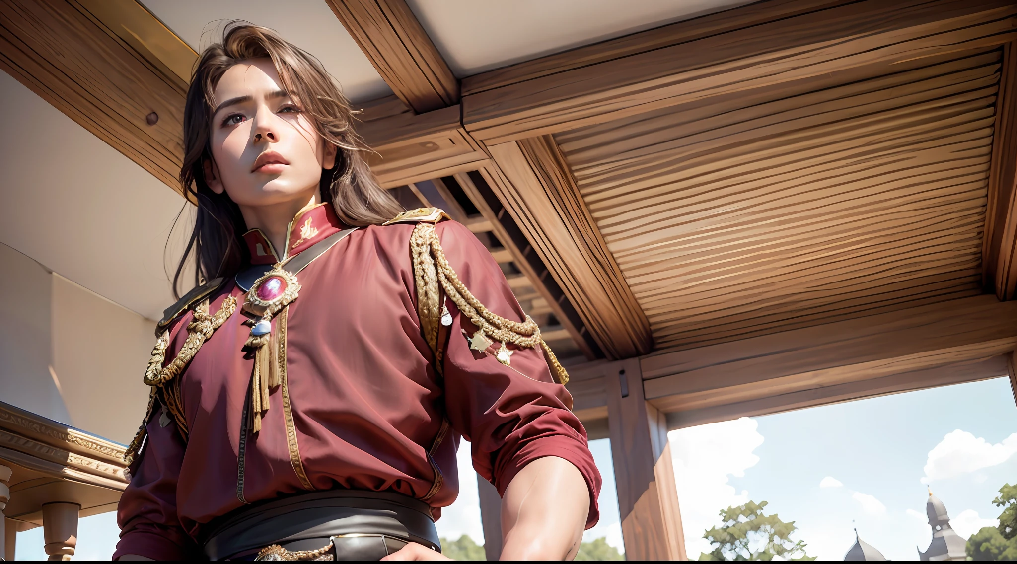 drawing, ultra realistic, 8k, extremely detailed, high quality, natural light image, daylight, earth sunlight, ultra realistic image, realistic texture, extremely detailed, high quality, man, hyperrealistic skin, well defined, red tunic wear , blue silk and rhinestones Indian royal prince, sad look, worried countenance, inside a beautiful luxurious castle, white and gold, daylight, sunrays penetrating the scenery, rich colors hyper realistic realistic texture } unreal engine trend in artstation cinestill 800, 8k