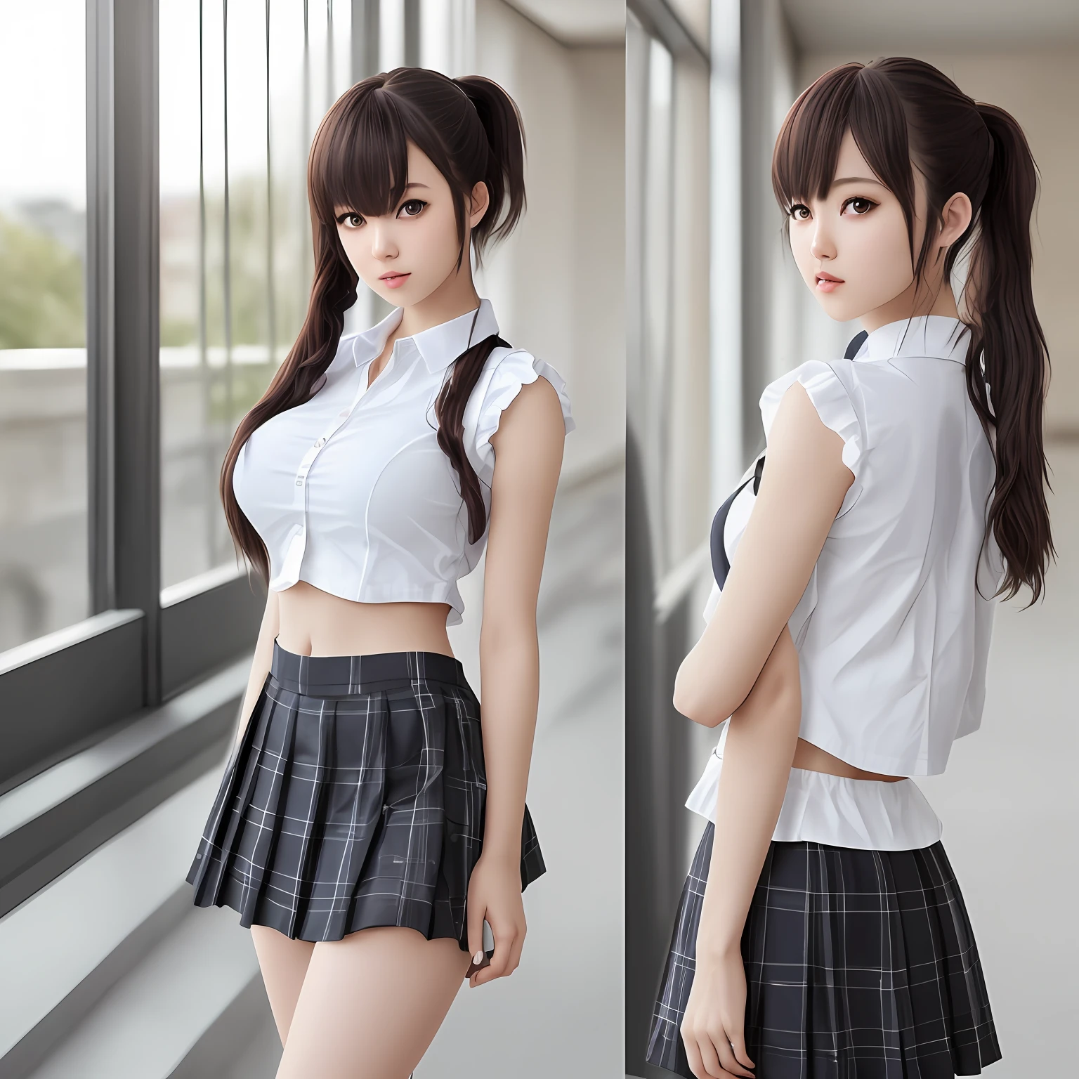 masterpiece, best quality, (realistic, photo-realistic:1.4), (RAW photo:1.2), extremely detailed CG unity 8k wallpaper, an extremely delicate and beautiful, amazing, finely detail, official art, absurdres, incredibly absurdres, huge filesize, ultra-detailed, extremely detailed, beautiful detailed girl, extremely detailed eyes and face, beautiful detailed eyes, light on face, 1girl, long hair, ((ponytail)), solo, cute, looking at viewer, (perfect female figure), slim waist, full body, large breasts, standing, school uniform, microskirt, miniskirt, plaid skirt, navel, midriff, sleeveless shirt, bare arms, bangs, school, classroom, ulzzang-6500-v1.1