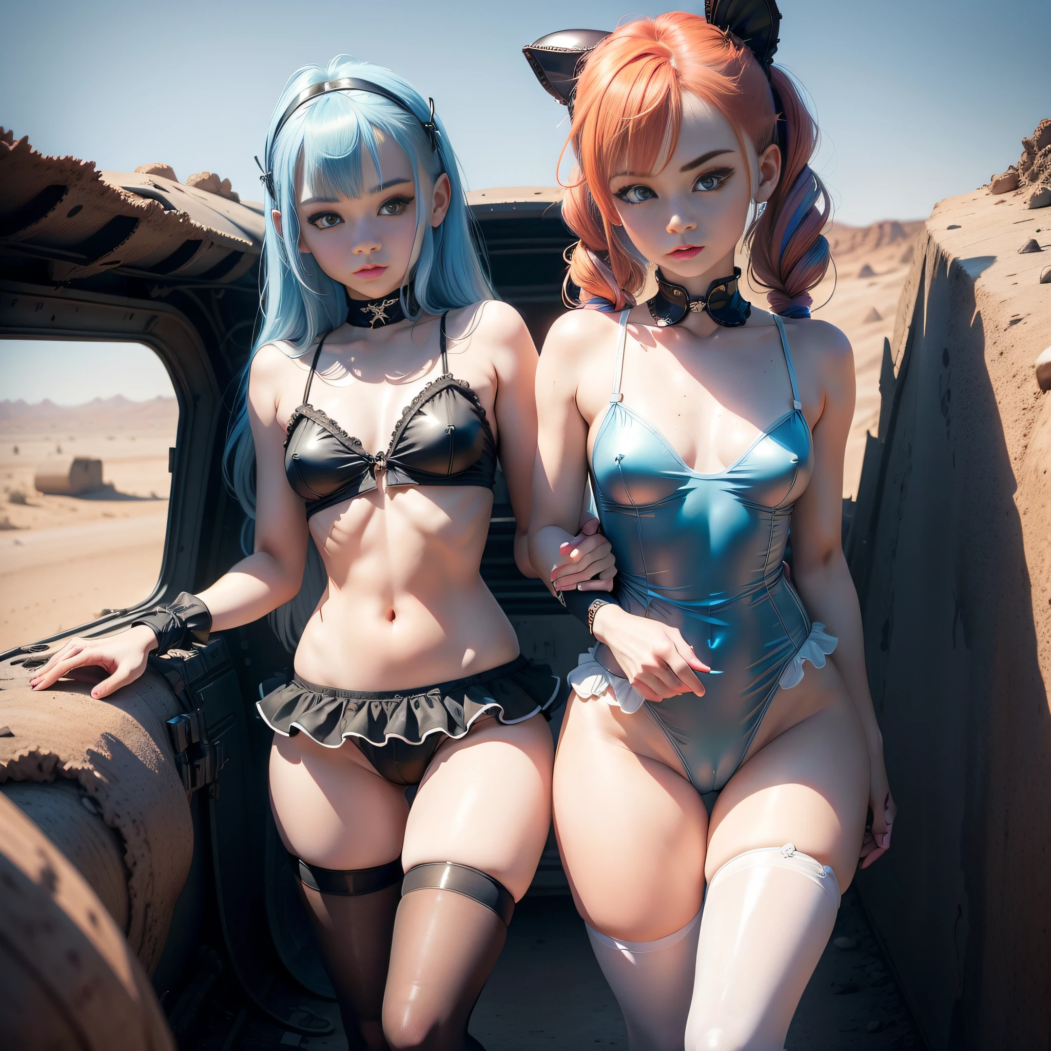 1 girl, solo, (nsfw), cute redhead 18-year-old girl in twin tails, ((perfect female body)) multiple (rainbow colored hair: 1.2), (beautiful detailed blue eyes: 1.6), (photo realistic eyes: 1.6), happy, Ukrainian, (petite body), ((small hips)), pale skin, wearing a ((sheer)) ((see through)) pastel blue (playboy bunny) outfit, frilly edges, frilly, shiny oily pantyhose, post apocalyptic background, bleak barren desert, photo realistic.