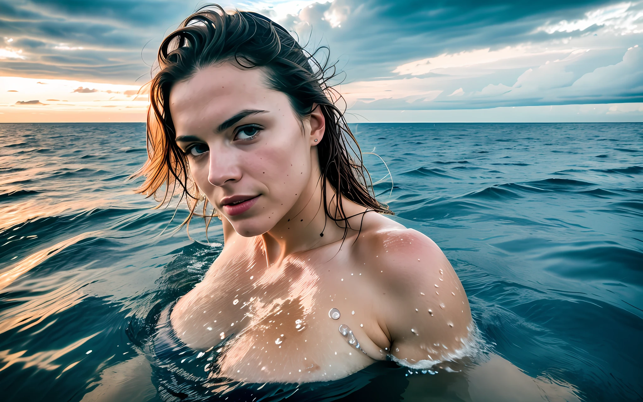 analog style, RAW photo, photography, hyper photorealistic, sharp focus, amateur photo of woman swim in middle of the sea, (half body inside water:1.3), wet, day time, clear cloudy sky, an island far in background, soft natural raw lighting, highly detailed, best quality, ultra detailed, extremely detailed, taken from mobile camera, f/22, deep depth of field, grain, noise, flashlight, (long shot:1.2)