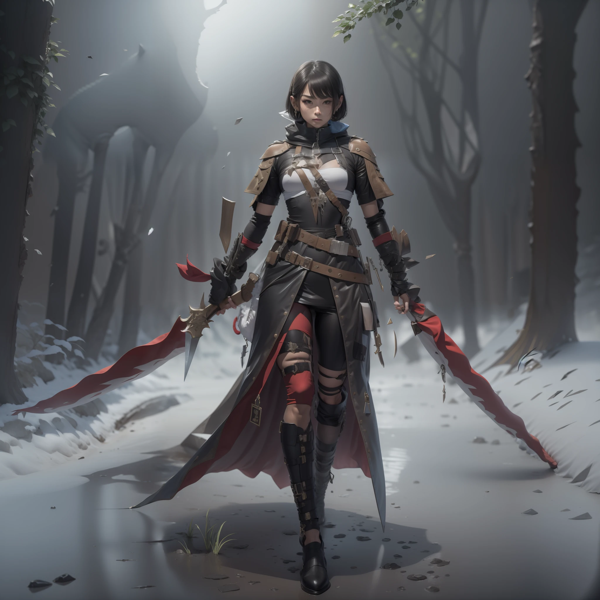 heavy snowy，new products， arma， The sword， halter， Weapons of the future， 32K, Linen cloak, Top quality, Masterpiece:Faust，,1 child， short detailed hair， thin fog， Squat， （tmasterpiece，k hd，hyper HD，16k）,clutching a sword， buliding， Reflectors， bloods， Eastern Asia， Weapon focus， Skysky， brunette color hair， knifes， shorter pants， fumo，  Mist， The clothes ar， bandagens， sword sheath， Leather， 独奏