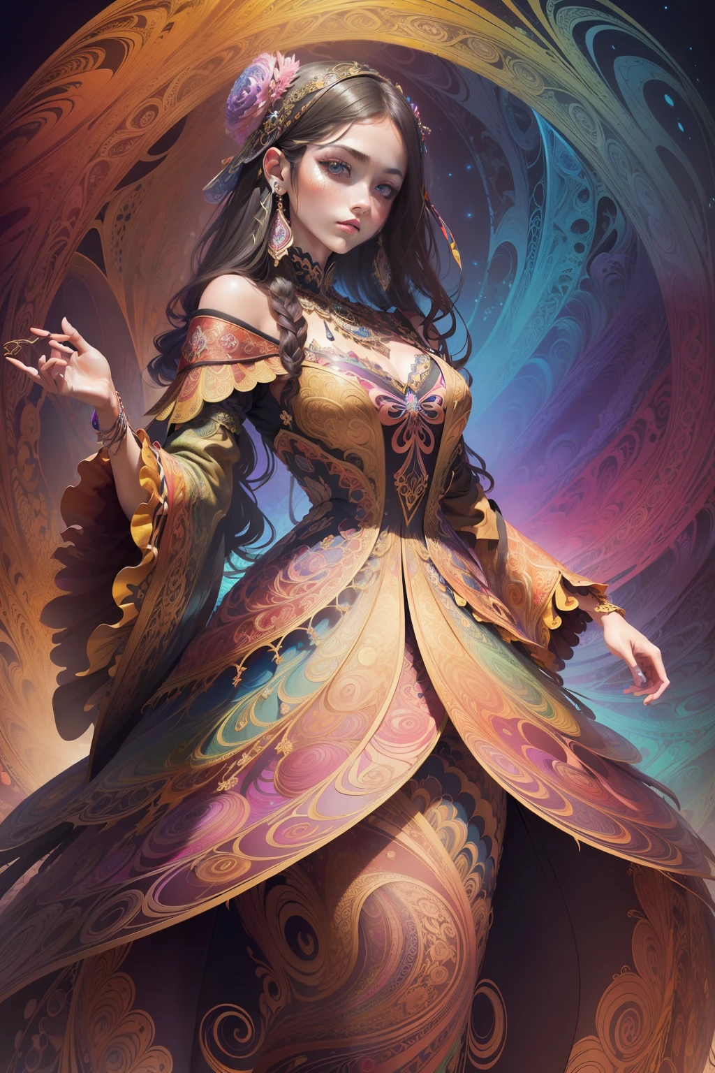 (masterpiece, top quality, best quality, official art, beautiful and aesthetic:1.2), (1girl:1.3), extremely detailed,(fractal art:1.2),colorful,highest detailed,(zentangle:1.2), (dynamic pose), (abstract background:1.5), (treditional dress:1.2), (shiny skin), (many colors:1.4), upper body