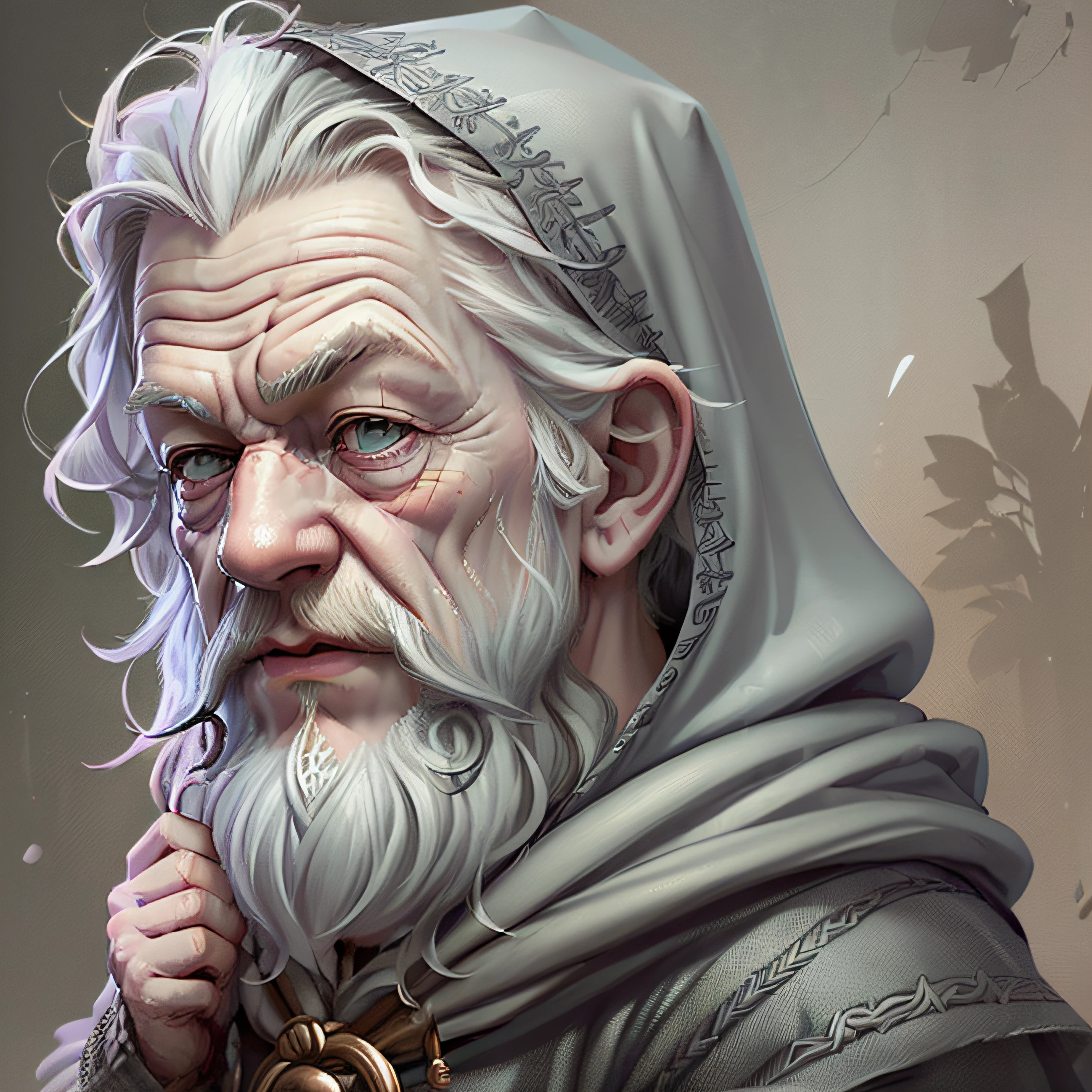 (cbzbb:1.25), portrait of (((cutest Baby Ian McKellen's Gandolf the gray wizard))), (((Gray hair))) (((Gray beard))) (((hood up))) baby illustration, (((in the Shire))), artstation, CGI_Animation,