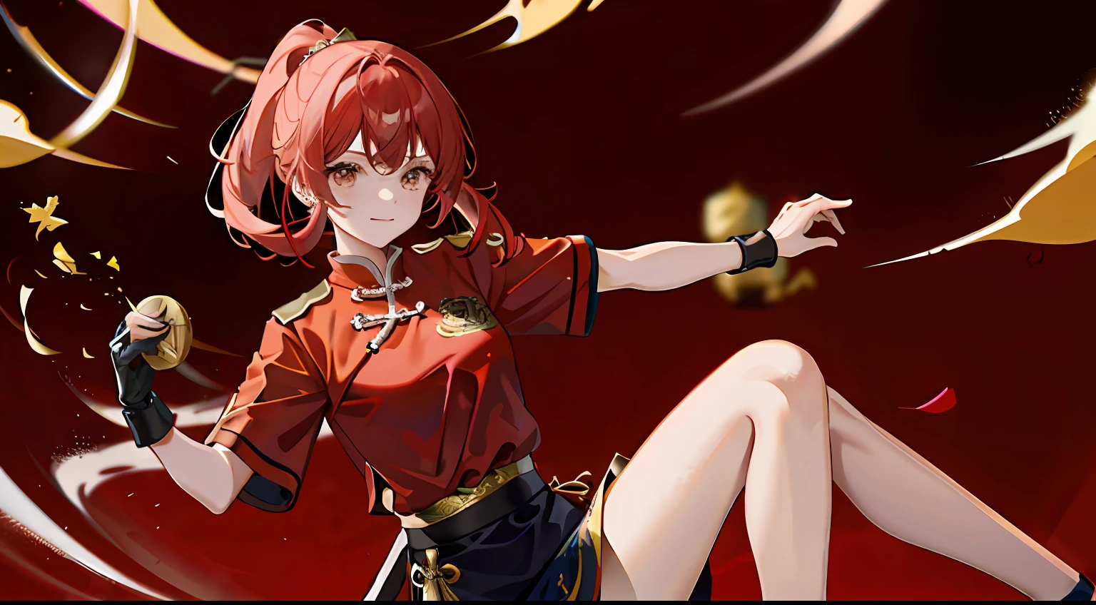 1girll, Chinese flag emblem,Martial arts costumes,Red top,Black underwear,pelo rojo corto,Gold accents,Don Dao,Domineering