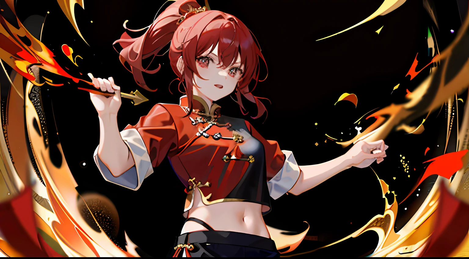1girll, Chinese flag emblem,Martial arts costumes,Red top,Black underwear,pelo rojo corto,Gold accents,Don Dao,Domineering