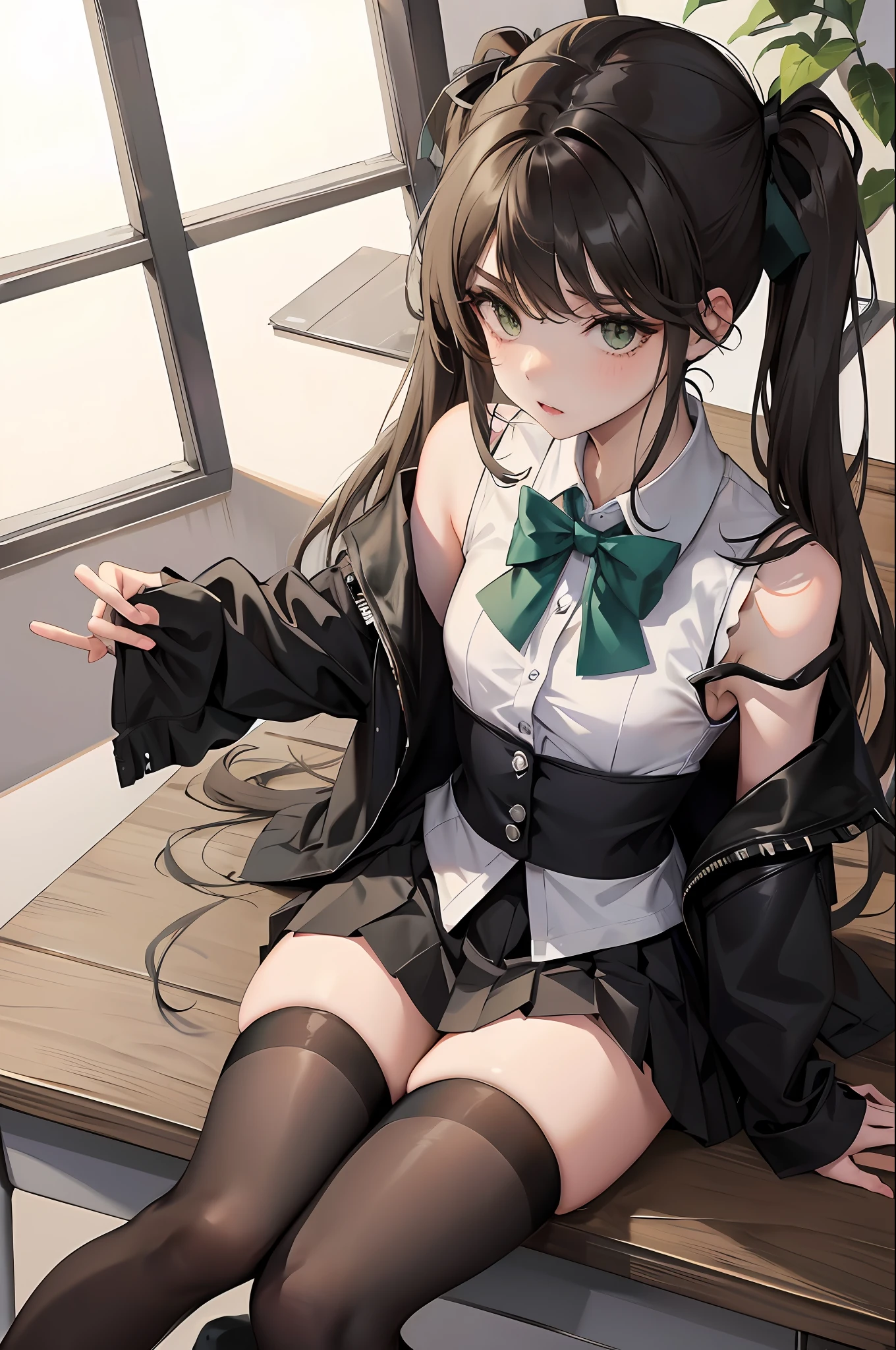 an anime girl sitting on top of a desk, 1girl, solo,  long hair, black skirt, shirt, thighhighs, sleeveless shirt, sitting, sleeveless, pleated skirt, looking at viewer, indoors, off shoulder, collared shirt, open clothes,  ,  black thighhighs,  green eyes,  desk, bowtie, shy, bow,1girl, Cecilia,more_details:-1, more_details:0, more_details:0.5, more_details:1, more_details:1.5