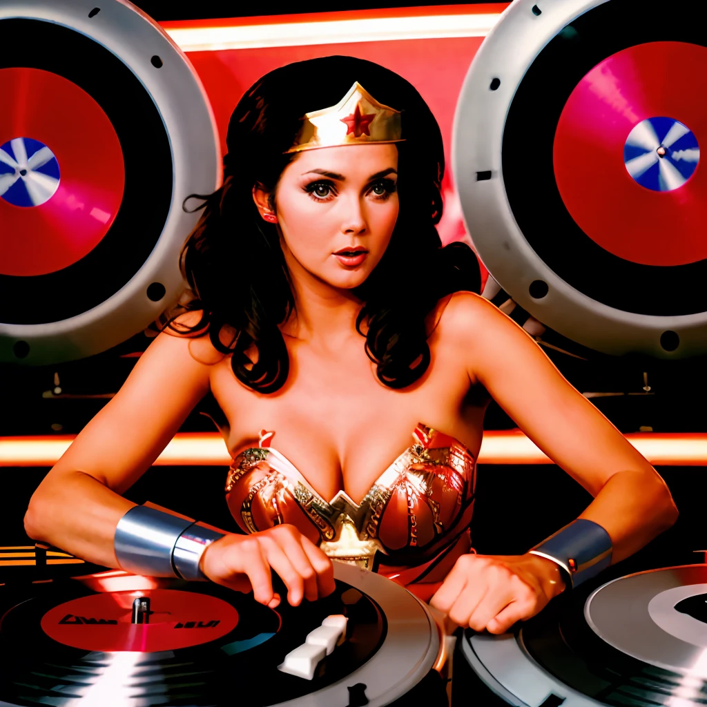 "A solo shot featuring lynda-carter-ww-costume a DJ, showcasing her skills on the turntables at a vibrant rave."