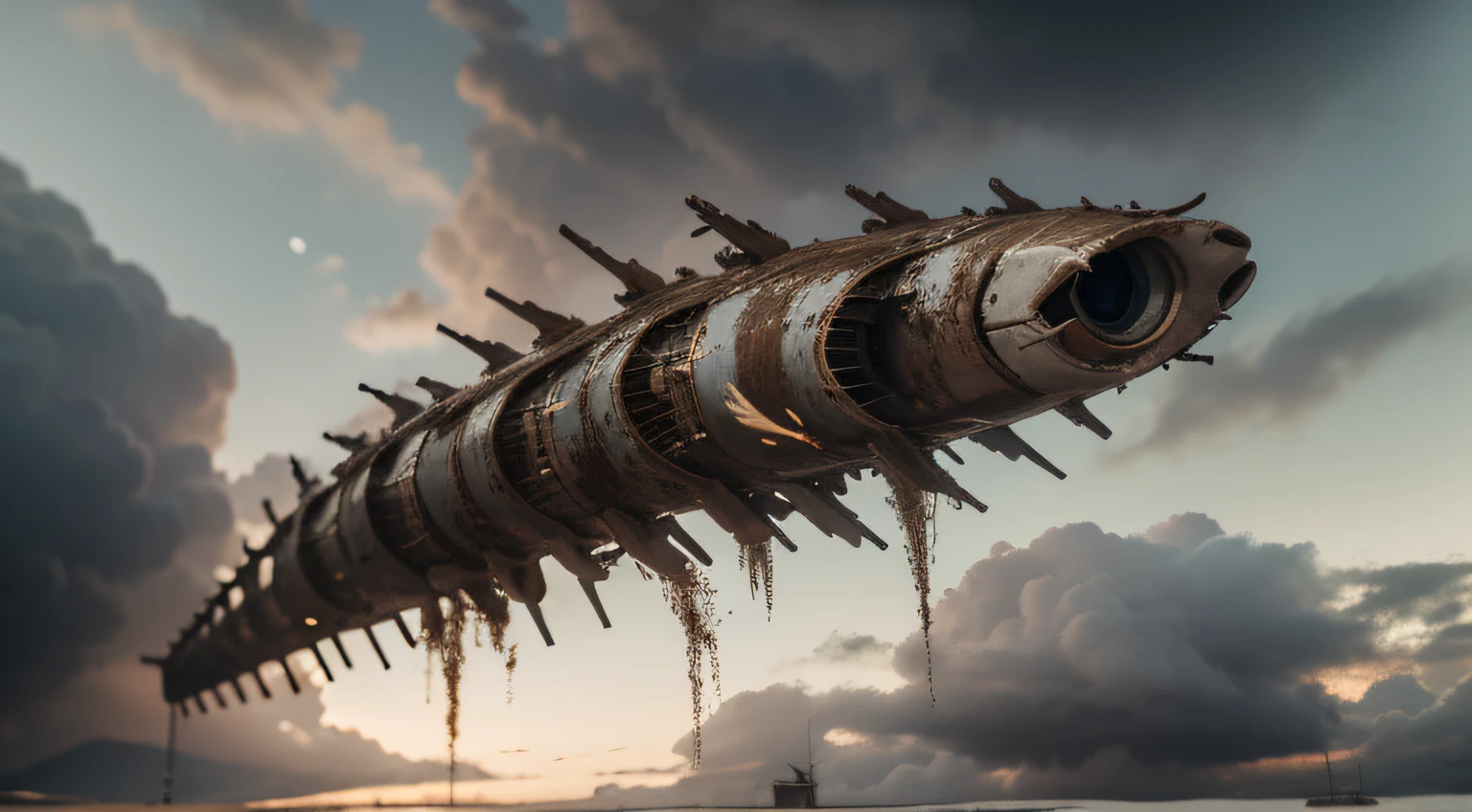 a heavily distorted, fading late evening heavily overcast sky, a singular object comprised of contorted feathers/machinery/pipes/rusted components is floating in the air, extra detail, 4kHD details, best resolution, surrealistic composition, extreme camera angle, motion blur, depth of field, foreshortening, tilted camera angle, cinematic lighting, movie scene, precise details, intense details, panoramic image, fish eye lens perspective view, INTENSE LENS FLARES