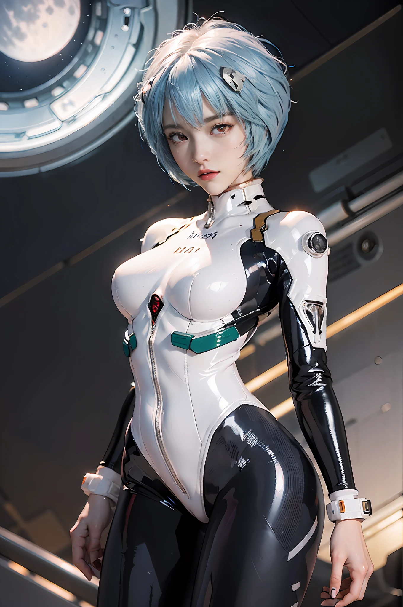 Masterpiece,NSFW1.1,((Whole body:1.1))))), (Realistic),Photos, Best Quality, 1 female,((Tall:1.1))),Ear fold,(((Rei Ayanami, Plug Suit 00:1.1))),((Red Eyes,Beautiful Face, Beautiful Eyes:1.1)))), (((Cute Face)), Wet Eyes, Face,Detail Face, Detail Lips, Detail Eyes, (Thin and Sharp Pale Eyebrows :1.1 long eyelashes), double eyelids, (seductive smile), (gentle expression, fleeting expression))),(turning sexy pose), sexy buttocks, (pearl rubber suit with strong metallic luster and smooth surface), ((sexy tight metallic shiny latex suit)))), (two thick black lines from thighs to buttocks: 1.1))), ( Movie lighting: 1.1),From below, (upright), (camelt), (sleek body line)), pale short hair, (pale thin eyebrows)), beautiful hair, (big round sexy breasts: 1.5), small logo pattern on the chest 00:1.1,mech suit, sexy thin long waist, white skin, (advanced cyberpunk research facility in the background)),(Spectacular midnight starry sky in the background : 1.5, a magnificent large full moon in the background, a spaceship in the background)))), (Face and eye details: 1.1), loneliness, blushing, (shy sexy pose)), very delicate and beautiful girl, standing, ((sexy pose with both hands on it)),(Sexy pose with closed legs)),(To8 contrast style), small egg-shaped psychosensory device on both sides of the head