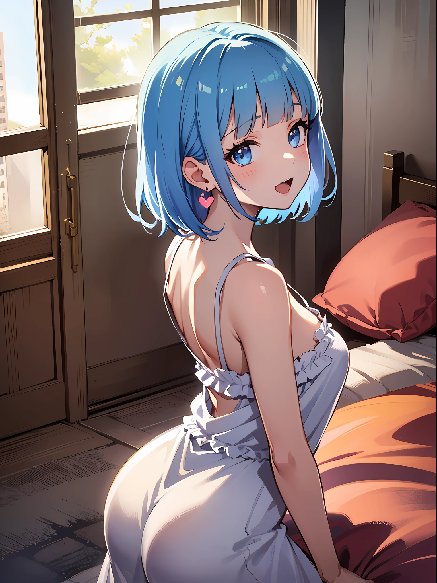 (masterpiece:1.3), (best quality:1.3), high resolution,
from behind,
leaning forward, body facing forward, turn one's back on,
(one cute girl:1.3), solo,
white skin, small Breast, eight-headed person,
light blue hair, (bobbed hair:1.2), (short hair:1.2), (blunt bangs:1.2), beautiful hair, blue eyes, beautiful detailed eyes,
blush, open mouth, heart, cheerful smile,
camisole, one piece dress, frill, earrings,
indoors, white room, bed,
shadowlighting,