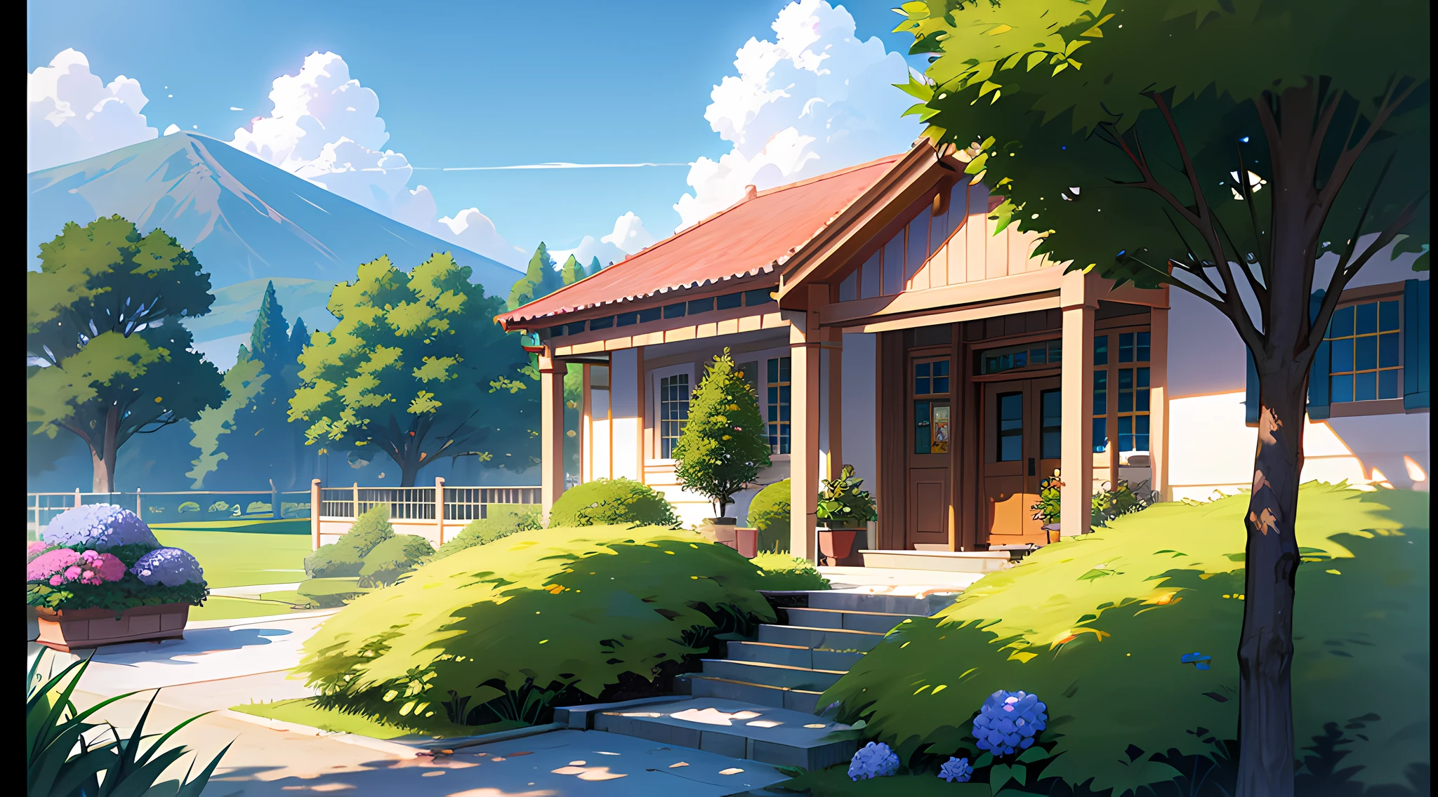 (ultra high res,photorealistic,best quality,photo-realistic),(8k,raw photo,best quality,masterplece),(photon mapping,radiosity,physically-based rendering,automatic white balance),real person,photograph,bridge, building, bush, city, cloud, day, door, fence, field,orest, garden, grass, house, hydrangea, mountain, nature, no_humans, outdoors, path, plant, potted_plant, purple_flower, road, scenery, sky, skyscraper, traditional_media, tree,