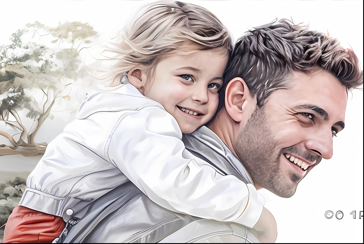 There is a man and a girl who are smiling, arte digital detalhada, retrato detalhado, pai com filho, retrato colorido detalhado, digital illustation, oilpainting style, pintura digtial, airbrush digital oil painting, arte digital altamente detalhada, highly detailed photo portrait, premium prints available, retrato de alto detalhe, rendering of close up portrait, estilo de arte fotorrealista