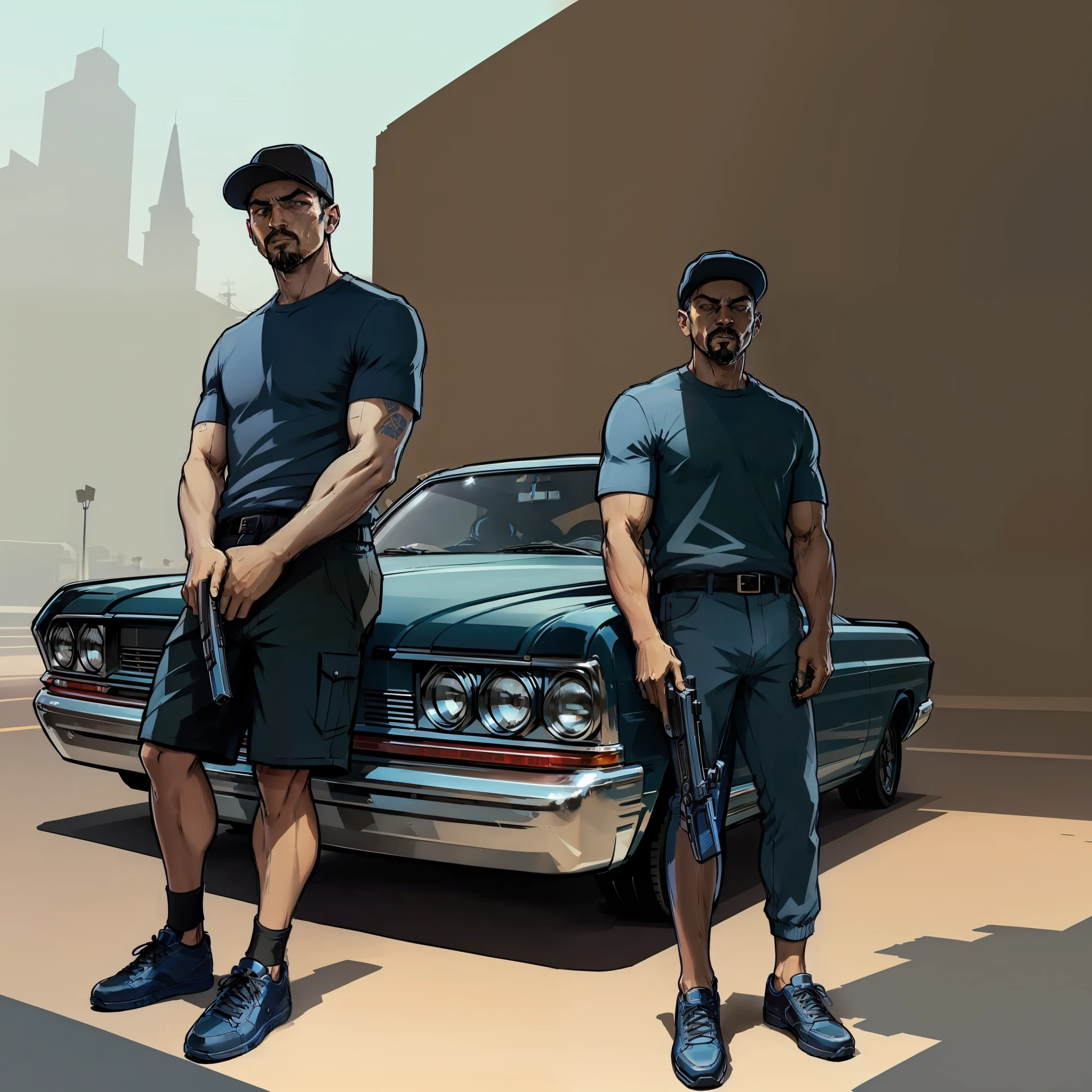 A man stands in front of a car with a gun，blue tshirts，Black  shorts，bule，25 age old，No beard，black sneaker shoes，Blue car，AK47,Black cap，