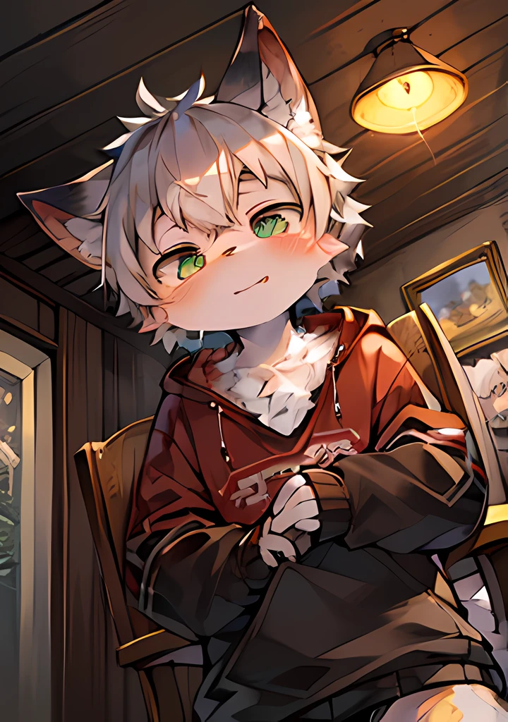 (ambiente dark:0.8),masterpiece,high quality,abstract res,digital painting\(artwork\), by dagasi, yupa,kiyosan,(anthro,fluffy fur,character focus:1.1),anthro male cat,short hair,portrait , eyes with brightness, in a panoramic view, Character focus.(detailedbackground:0.7), 独奏, shaggy, shaggy male, malefocus, anthr,(Full Body Furry, Fluffy tail, White fur, Heterochromic eyes, Gray hair:1.2), (long canines、Orc symbaroum、Sweatshirt:1.2),(interiors、the night、sobu、chair:1.1)