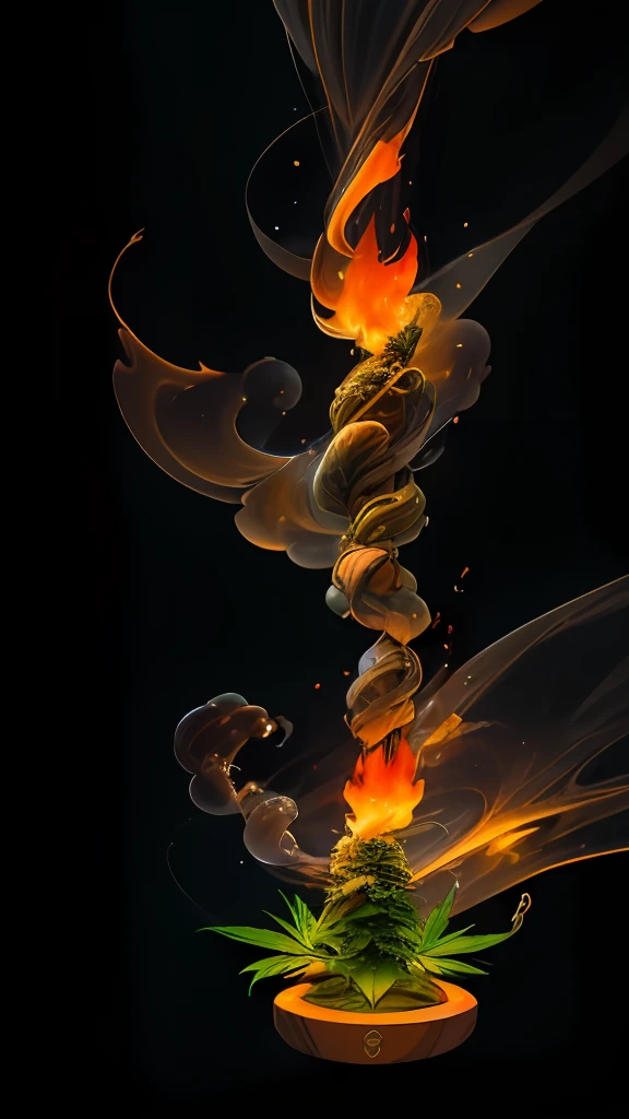 verde: 1.5, laranja: 1.1, branco: 1.3, amarelo: 1.3, (lutador japones baseado no personagem Ace do anime one piece), tatuagens, (roupas puffer poder: 1.2), burning a cannabis flower with your hand on fire and releasing smoke abstract lines and background circles