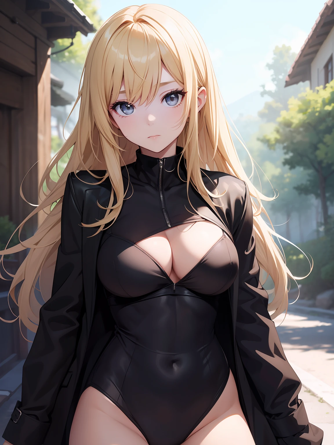 Best Quality, masutepiece, Detailed, Convoluted, Beautiful Girl,suprised、 Black coat、Black bodysuit、muscular, Tomboy, Blonde,, Natural lighting, Summer、fullbody image、