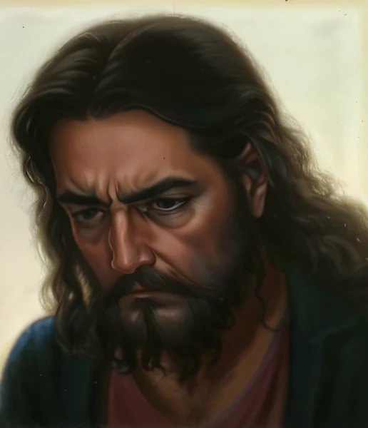 Jesus Cristo, cabelo grande, barba, rosto cansado, olhar pra baixo, tunica vermelha e azul, tired expression, olhar sereno, 4k, realista, realismo, super realista, Jesus