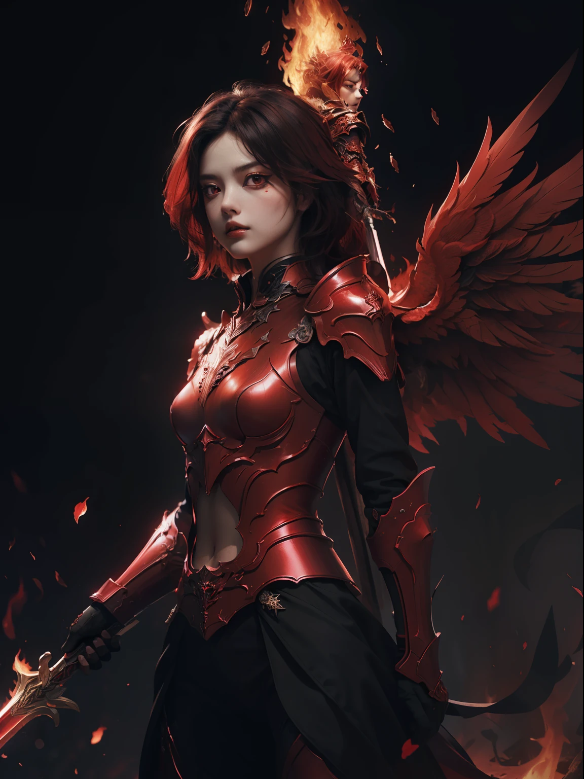 (highly detailed CG unity 8k wallpaper, masterpiece, best quality, highly detailed, beautiful eye detail: 1.2), best illumination, (best shadows, red background and dark aura, very smooth and beautiful blooms), 1gril, solo , red eyes, flaming red heavy armor, short red hair , wields red sword, dark red aura, Angel's wings, black wings with red glow, red jewels, (big wings: 1.4), Film filter, Demon, Hellfire, body full, demon, fire,