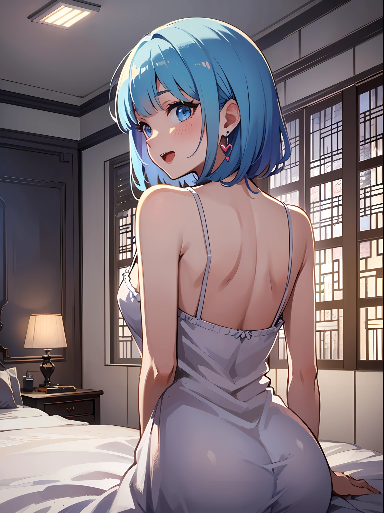 (masterpiece:1.3), (best quality:1.3), high resolution,
from behind,
leaning forward, body facing forward, turn one's back on,
(one cute girl:1.3), solo,
white skin, small Breast, eight-headed person,
light blue hair, (bobbed hair:1.2), (short hair:1.2), (blunt bangs:1.2), beautiful hair, blue eyes, beautiful detailed eyes,
blush, open mouth, heart, cheerful smile,
camisole, frill, earrings,
indoors, white room, bed,
shadowlighting,