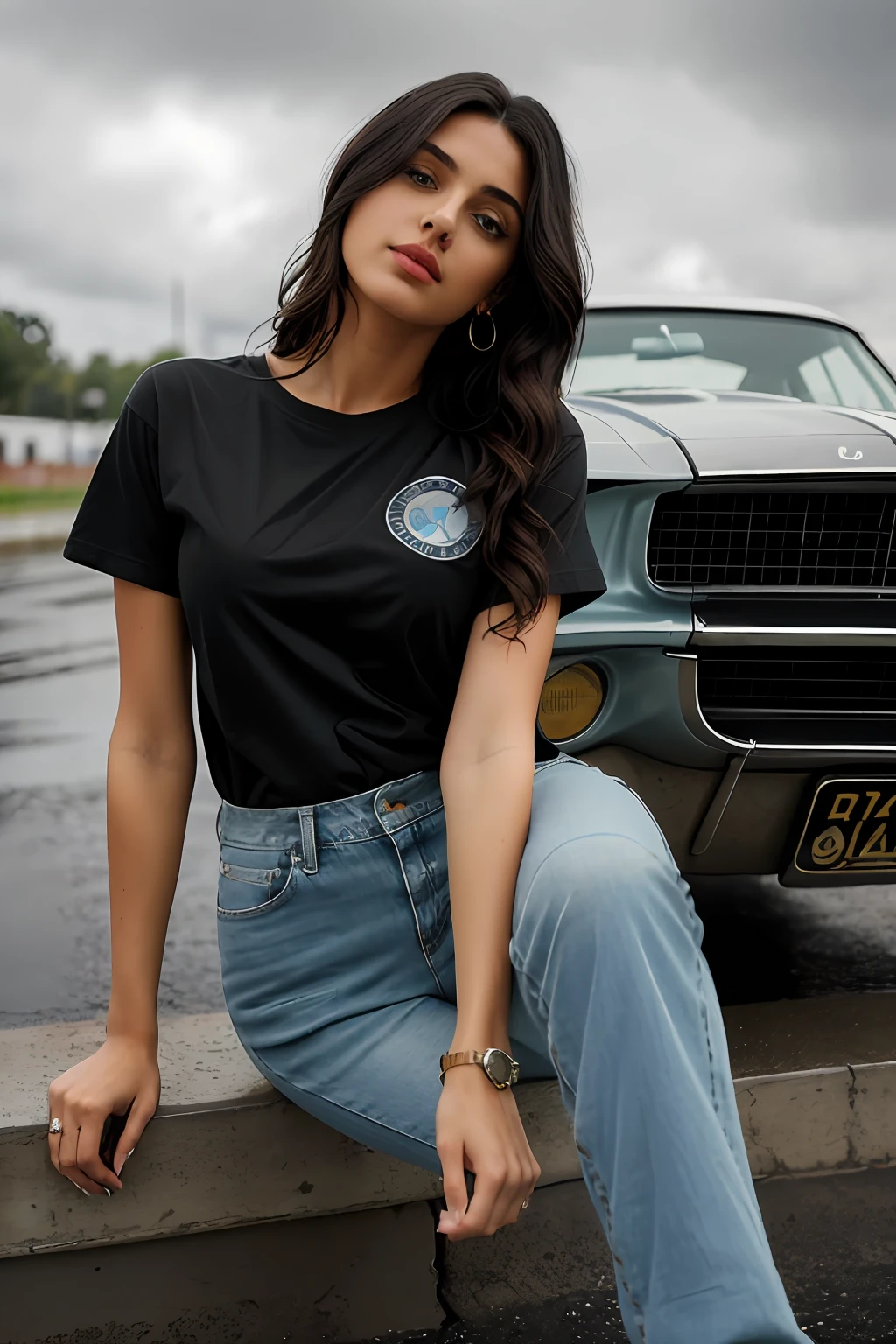 ((Best Quality, 8k, Masterpiece:1.3)), Focus: 1.2, Perfect Body Beauty: 1.4, Arabian 27 years old woman: 1.2, ((Black curly Hair)), (Steel gray plain round neck regular fit basic tee-shirt:1.1), no print on Teeshirt, basic full body length regular fitting tee-shirt, Dark grey skinny jeans, long jeans: 1.1, short sleeves black regular tee-shirt, Highly detailed face and skin texture, Detailed eyes, Double eyelids, toned body, Whitened skin, serious mood, large toned breasts, toned firm legs, high heel's, whitened skin, detailed black eyes, black wavy hairstyle, detailed face, middle eastern woman, baggy medium size basic tee-shirt, simple plain Baggy Tee-shirt, toned firm hips, 8K UHD, black anklet, model looks, apocalypse city, rainy weather, dark clouds, silver wrist watch, bracelet, bangle's, open legs style Posing, old gas station, sitting on a old wooden chair, high heels, detailed beautiful feets, detailed feets fingers and shape, dusty sunny weather, old petrol pump, rainy atmosphere, wet roads, model shoot style, she's standing front of Shelby Mustang, full car visible in image, blue cloudy sky