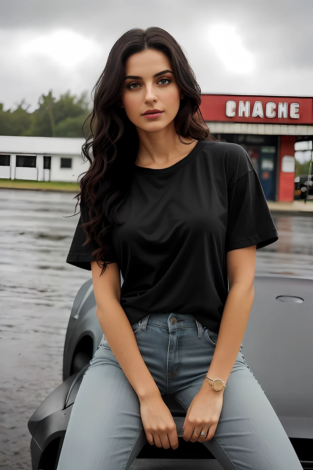 ((Best Quality, 8k, Masterpiece:1.3)), Focus: 1.2, Perfect Body Beauty: 1.4, Arabian 27 years old woman: 1.2, ((Black curly Hair)), (Steel gray plain round neck regular fit basic tee-shirt:1.1), no print on Teeshirt, basic full body length regular fitting tee-shirt, Dark grey skinny jeans, long jeans: 1.1, short sleeves black regular tee-shirt, Highly detailed face and skin texture, Detailed eyes, Double eyelids, toned body, Whitened skin, serious mood, large toned breasts, toned firm legs, high heel's, whitened skin, detailed black eyes, black wavy hairstyle, detailed face, middle eastern woman, baggy medium size basic tee-shirt, simple plain Baggy Tee-shirt, toned firm hips, 8K UHD, black anklet, model looks, apocalypse city, rainy weather, dark clouds, silver wrist watch, bracelet, bangle's, open legs style Posing, old gas station, sitting on a old wooden chair, high heels, detailed beautiful feets, detailed feets fingers and shape, dusty sunny weather, old petrol pump, rainy atmosphere, wet roads, model shoot style, she's standing front of Shelby Mustang, full car visible in image, blue cloudy sky