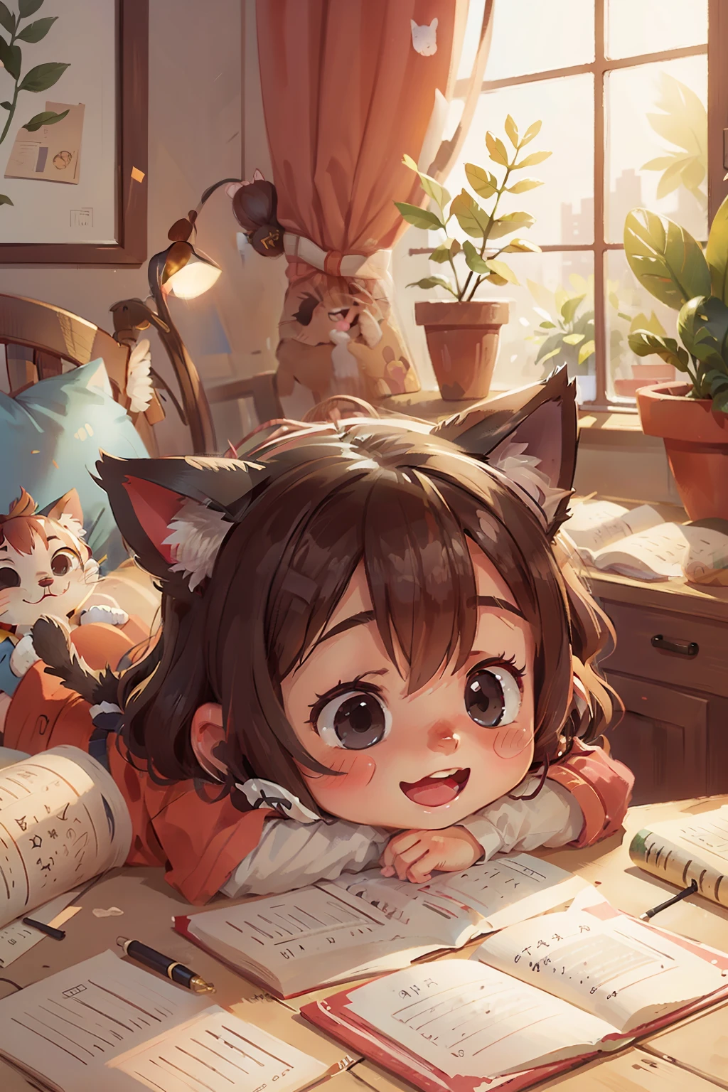 HAPPY CHILD WITH CAT EARS STUDYING