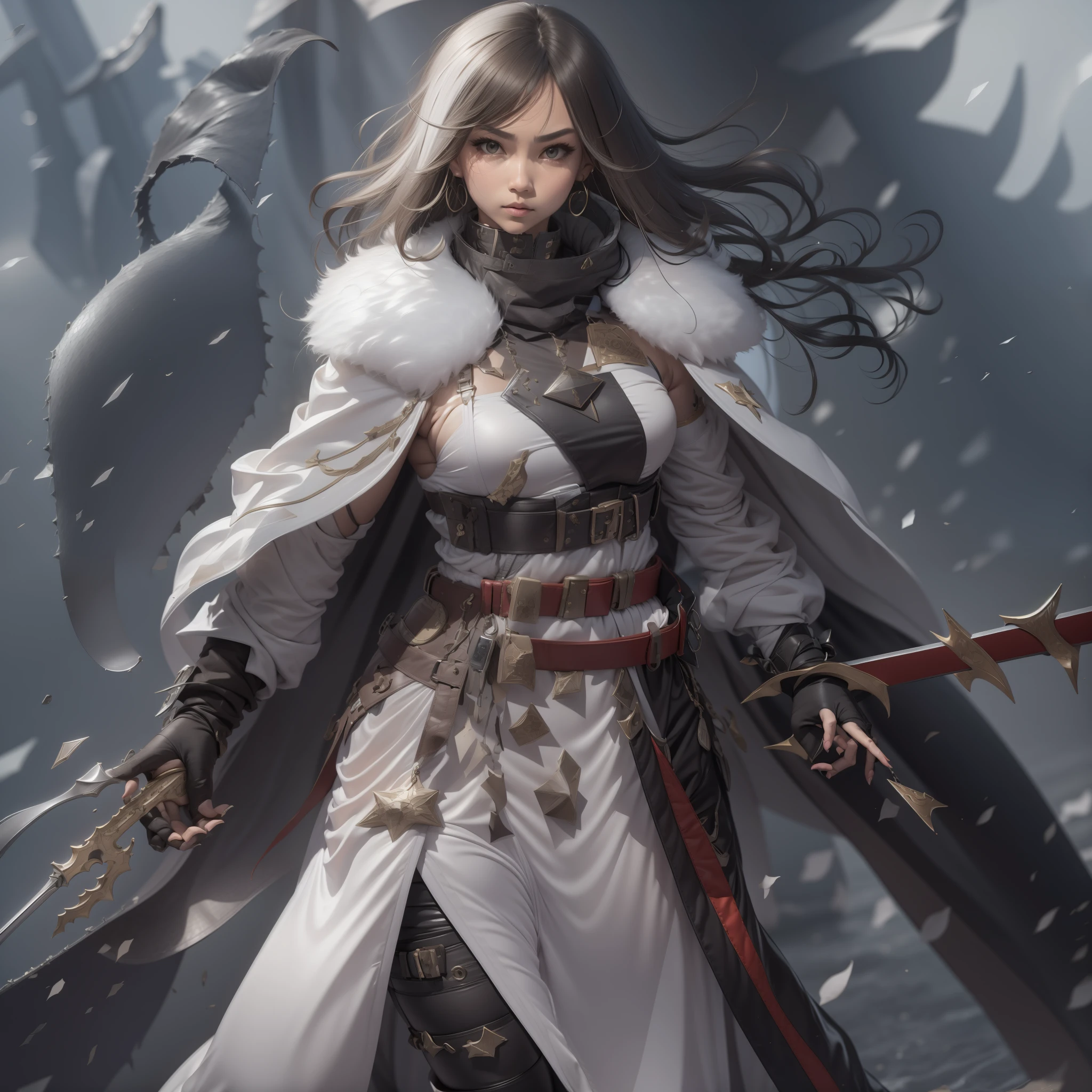 heavy snowy，new products， arma， The sword， halter， Weapons of the future， 32K, Linen cloak, Top quality, Masterpiece:Faust，,1 child， short detailed hair， thin fog， Squat， （tmasterpiece，k hd，hyper HD，16k）,clutching a sword， buliding， Reflectors， bloods， Eastern Asia， Weapon focus， Skysky， brunette color hair， knifes， shorter pants， fumo，  Mist， The clothes ar， bandagens， sword sheath， Leather， 独奏