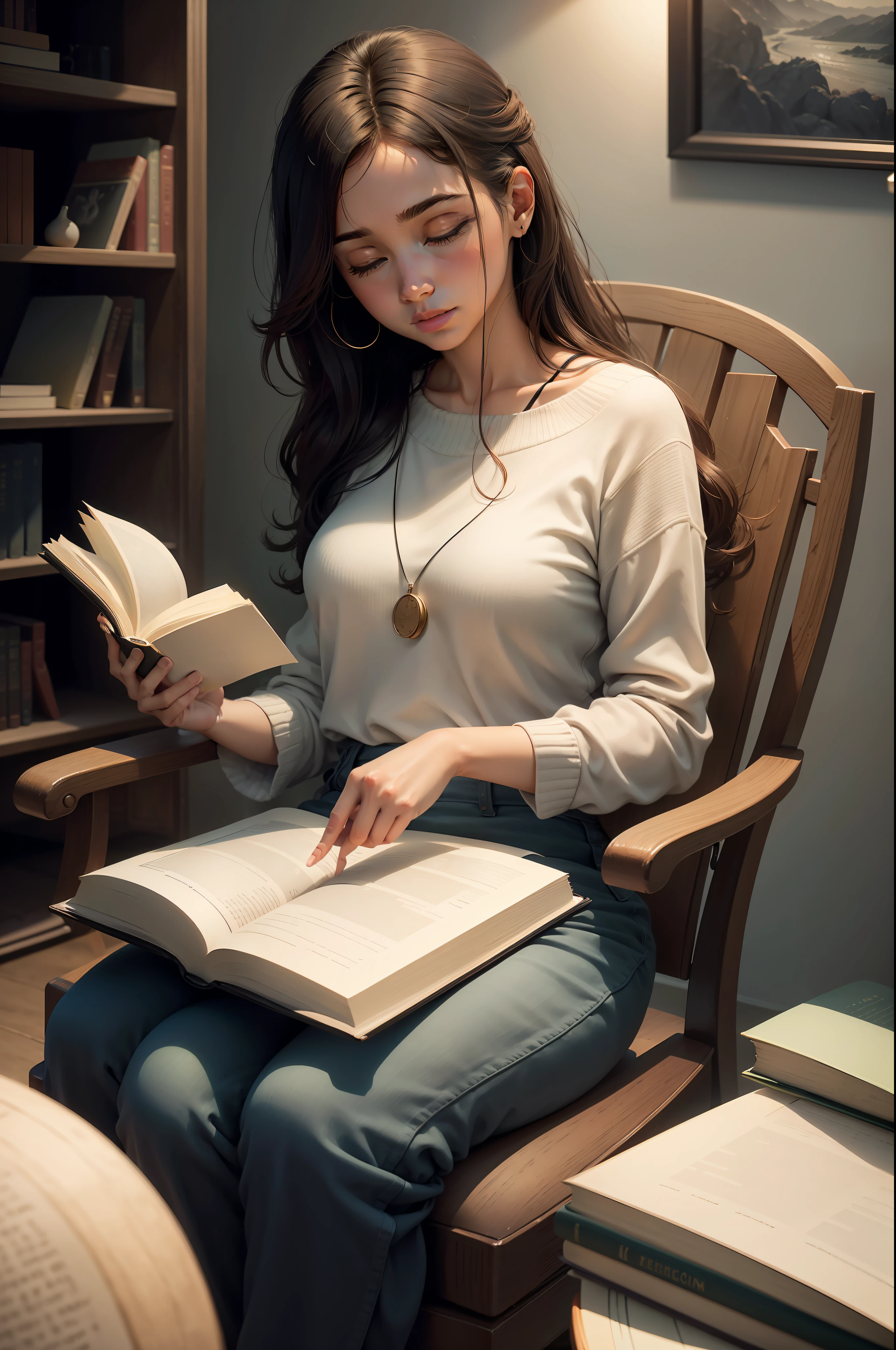 Uma cena serena e envolvente de uma pessoa imersa na leitura de um livro. She's sitting in a comfortable armchair, with the open book in your hands, completely focused on the pages before you.
The lighting is soft and cozy, creating a tranquil and conducive atmosphere for reading. Ao fundo, You can see a bookshelf full of books, evidencing the love for reading and the habit of getting lost in different stories and knowledge.
The person is dressed in a relaxed and relaxed way, reflecting the sense of comfort and pleasure that reading provides.
The scene conveys a sense of calm and contemplation, showing that reading is a special moment of connection with oneself and with the content of the book.
The image is represented in a photographic style, Using a professional camera with 50mm lens to capture the sharpness of the details of the book and the person's expression when reading. The photo is carefully framed, highlighting the serenity and dedication of the person in the reading activity.
This representation of reading a book conveys the idea that reading is a way to enrich knowledge, expandir horizontes e se desconectar do mundo exterior por um momento. The scene emphasizes the importance of reading as an enriching and pleasurable habit, que permite viajar para outros mundos e aprender com diferentes perspectivas.