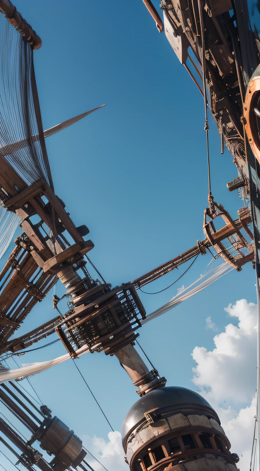 a heavily distorted, fading late morning clear sky, a singular object comprised of contorted feathers/machinery/pipes/rusted components is floating in the air, steel strings weave into each other, extra detail, 4kHD details, best resolution, surrealistic composition, extreme camera angle, motion blur, depth of field, foreshortening, tilted camera angle, cinematic lighting, movie scene, lens flare, fisheye lens perspective view