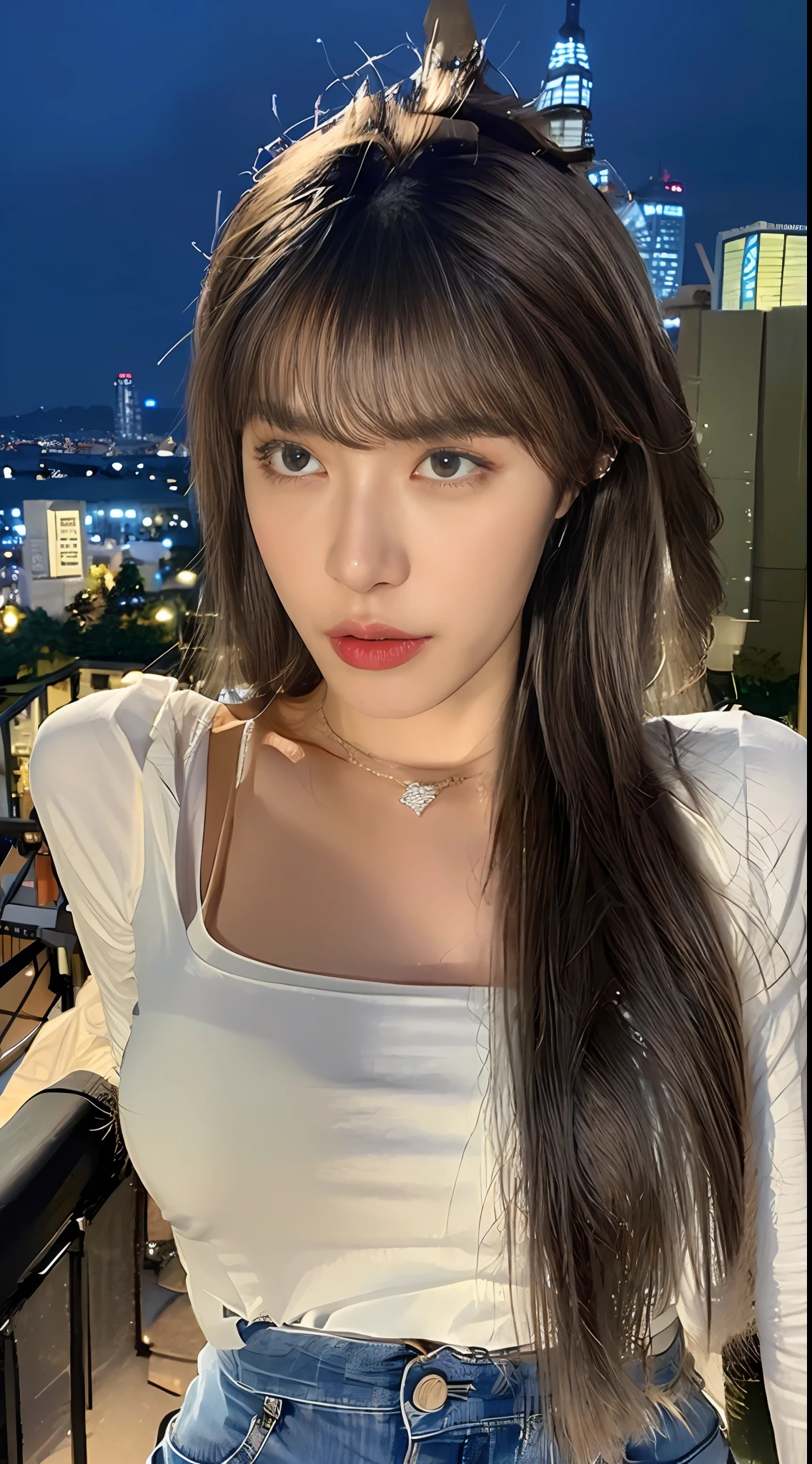 ((Midnight, Best quality, 8k, Masterpiece :1.3)), Whole body, Long legs, Sharp focus :1.2, A pretty woman with perfect figure :1.4, Slender abs :1.1, ((Dark brown hair, Big breasts :1.2)), (White tight tshirt, Jean bib, Standing:1.2), ((Night city view, Rooftop:1.3)), Highly detailed face and skin texture, Detailed eyes, Double eyelid