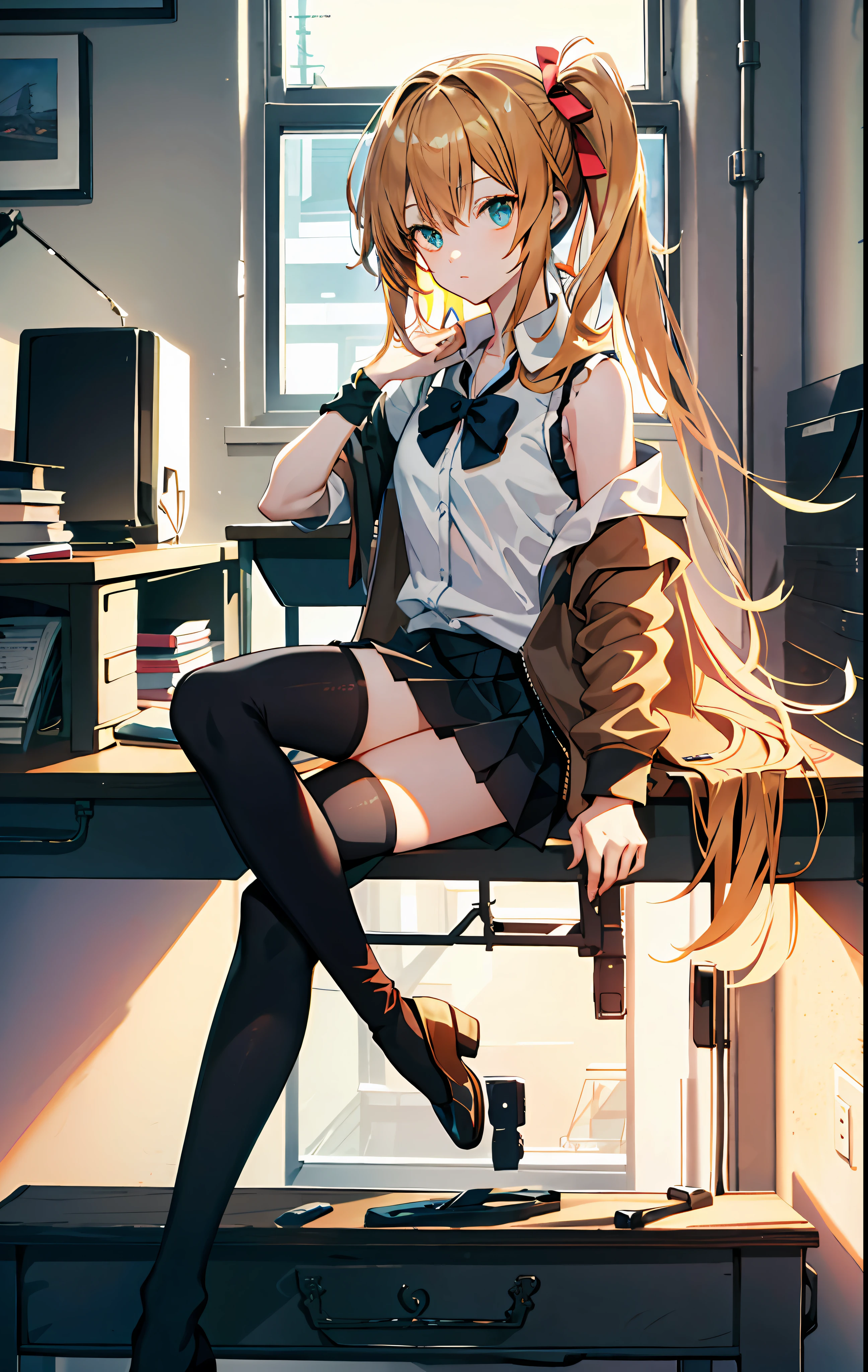 an anime girl sitting on top of a desk, 1girl, solo,  long hair, black skirt, shirt, thighhighs, sleeveless shirt, sitting, sleeveless, pleated skirt, looking at viewer, indoors, off shoulder, collared shirt, open clothes,  ,  black thighhighs,  green eyes,  desk, bowtie, shy, bow,1girl, Cecilia,more_details:-1, more_details:0, more_details:0.5, more_details:1, more_details:1.5