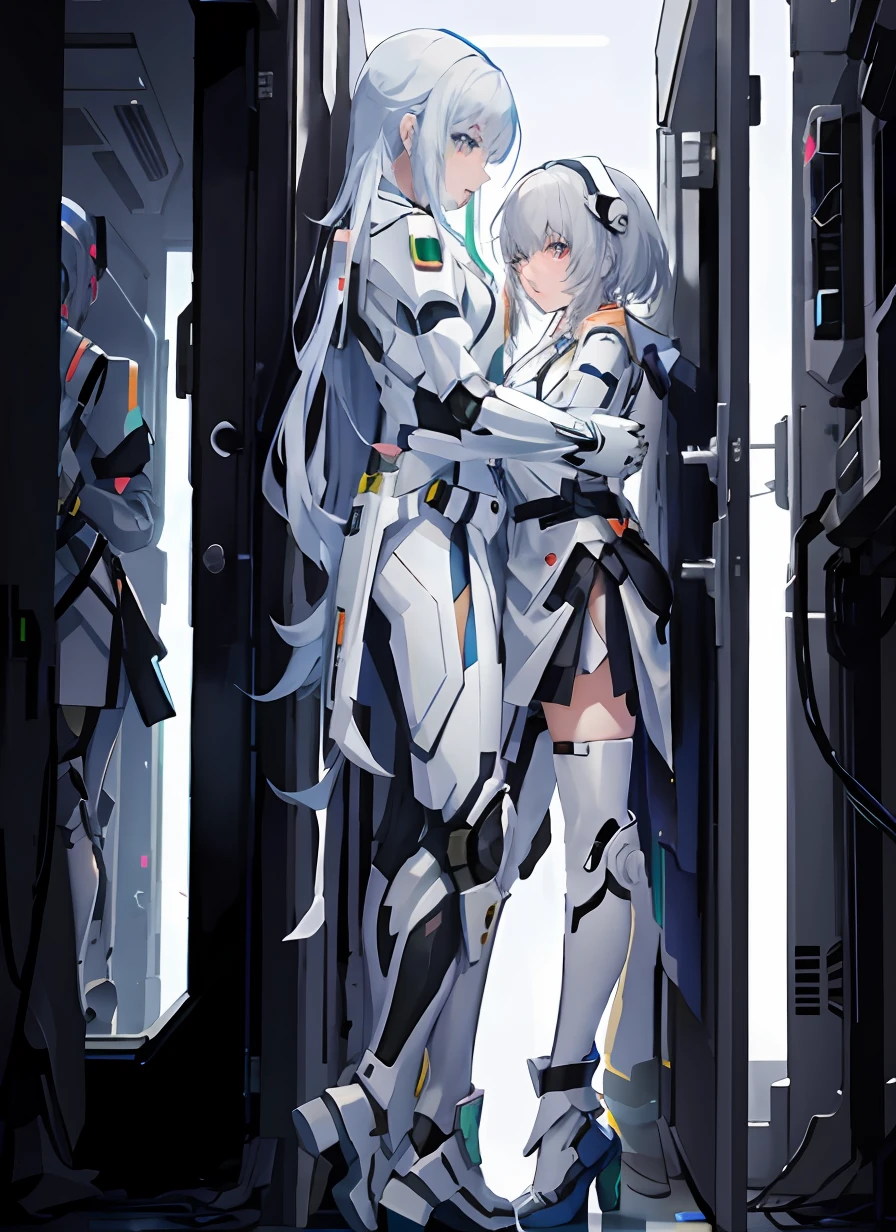 Anime characters in front of a hallway with an open door, cyberpunk anime girl mech, Digital cyberpunk anime mecha aesthetic, in white futuristic armor, girl in mecha cyber armor,The two white-haired girls looked at each other affectionately。。。