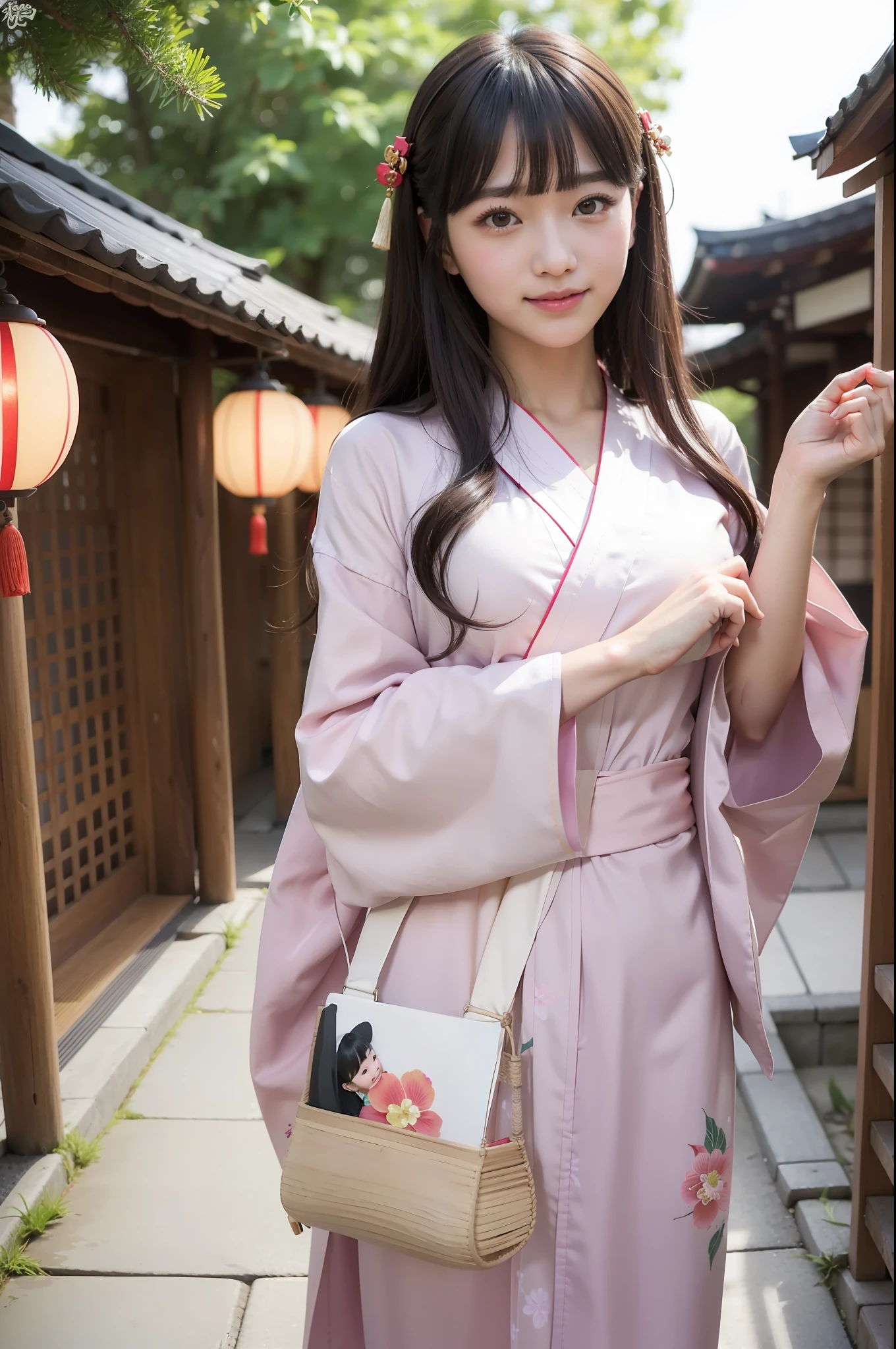 Photo Real、photoRealstic Dark hair、Japan hair ornament、Kanzashi、Fancy hair ornaments、Flashy kanzashi、Lots of bangs、hair adornments、Tied hair with round face、drooing eyes、cheeks turn red、Smiling happily Brightly colored yukata robes、Japanese Yukata、Yukata with flashy pattern、Yukata with flashy illustrations、Yukata with prominent illustrations、Large belly roll hi-school girl、sixteen years old、japanes、skinny body、Beautiful skin、large full breasts Bold poses、He enjoys、Frolic Pose、Frolicking、free pose、unique pose、appearance々Pose、full body Esbian Background with、Summer Festivals、Midnight、skyrocket、Crowds、Crowded alleys、Alley where many people are walking、jpn