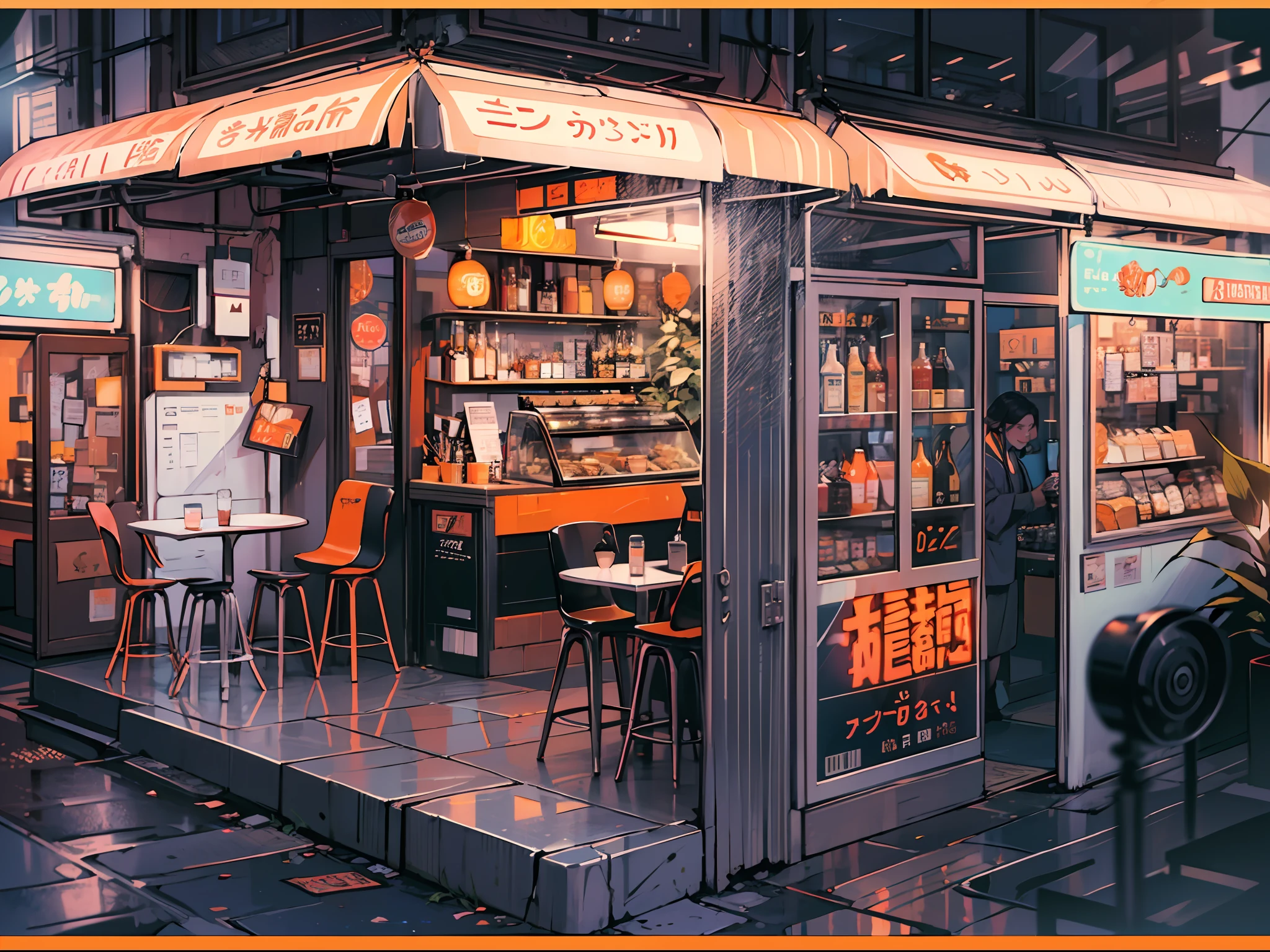 Best quality,tmasterpiece,Ultra-high resolution fills the picture,Indoor at night,Cafe in the sky,Orange color scheme for the café,There was coffee and beer,Cans,the night,inside in room,Coffee machine,Coffee lockers,Orange neon color scheme,Silver-white hair,Black fashion clothing,Orange and black matching outfits,boxer,Cafe beautiful girl,cyberpunk backgrouns,The background is colorful,Lateral face,Smiling,Various laid-back poses,Perfect makeup,Love eyes,8K quality,cyber punk perssonage,sense of science and technology,Character backlighting,rim-light,Movement changes,Flowing hairstyle,Loose hairstyle,The number of fingers is refined,The most beautiful girl in mankind,Wear a headband,Luminous accessories,Luminous earrings,Wear delicate accessories,Delicate close-up of the face,Realistic image quality,Super light and shadow,Very good figure,Meticulous,Have a cup or coffee on the roof in the evening,Very good figure,Raised sexy,luminous,Cool,Very stylish café,Cafe at night,opulent,Have food,Laugh happily,Hands can be placed in pockets
