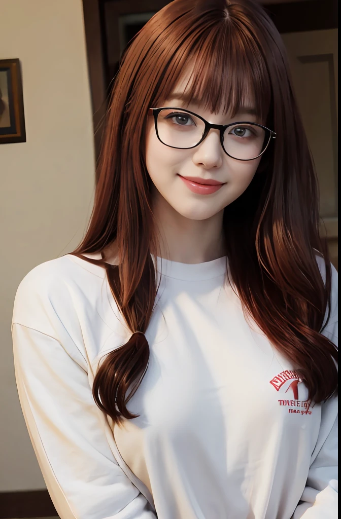1girl, star eye, blush, perfect lighting, red hair, red eyes, Detailed face, bangs, inside a house, realist, smiling, camera raw, half body photo, masterpiece, best quality, 4k, high quality, wearing glasses, Gym clothes, long hair,
