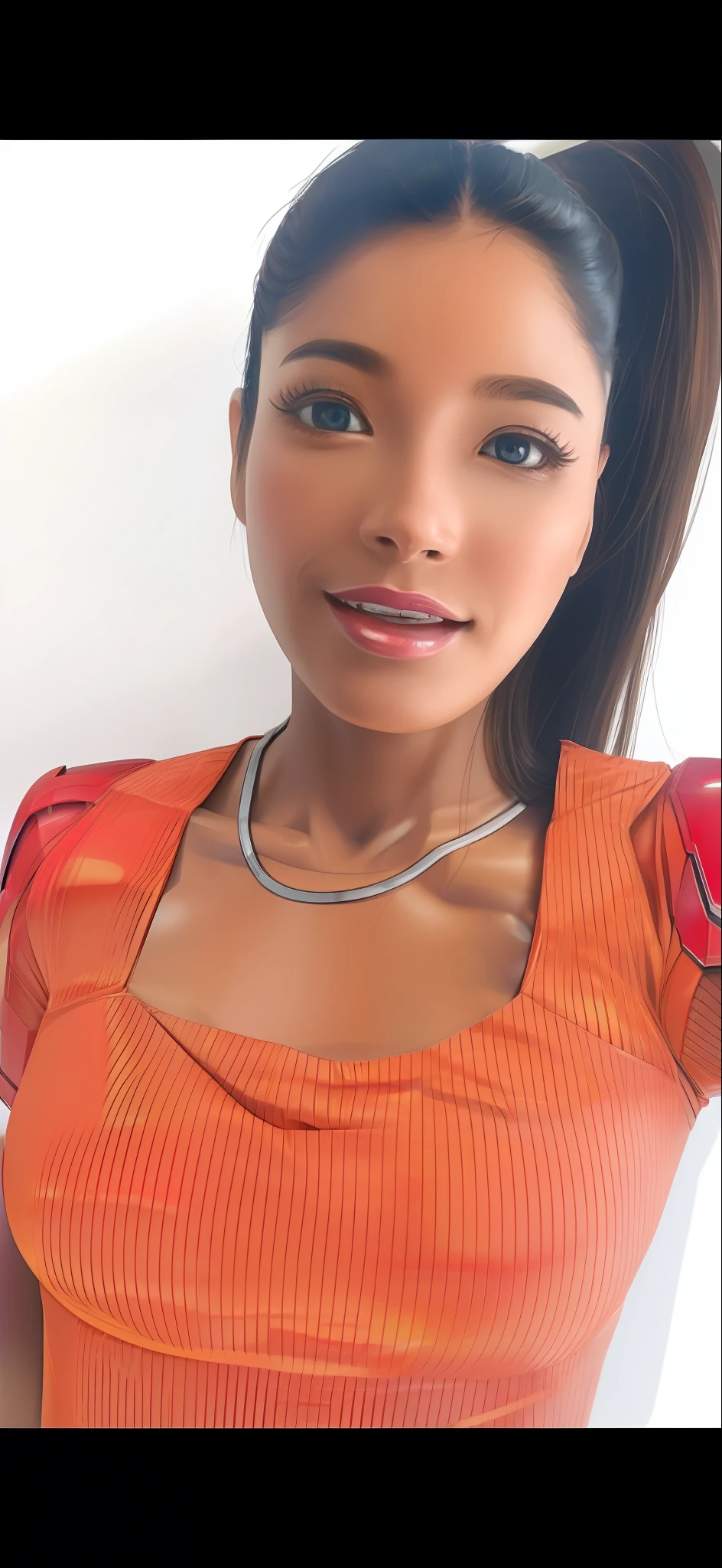 Masterpiece, best quality, female head, female version of Iron Man's body, background city ruins