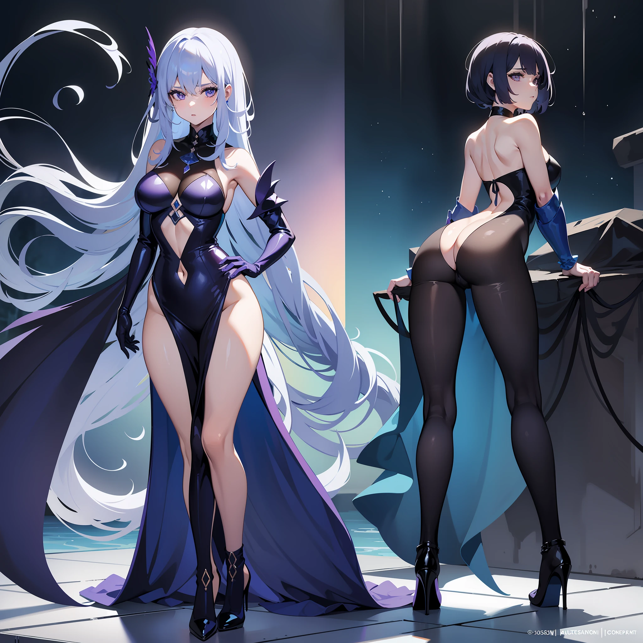 The whole body is covered with blue liquid,exposing her chest,Blue liquid,Beautuful Women,high-heels,blacksilk,Purple eye,are standing,Raised sexy,Cocked buttocks,Long-legged beauty,Thin leg,Mucus gets into the butt