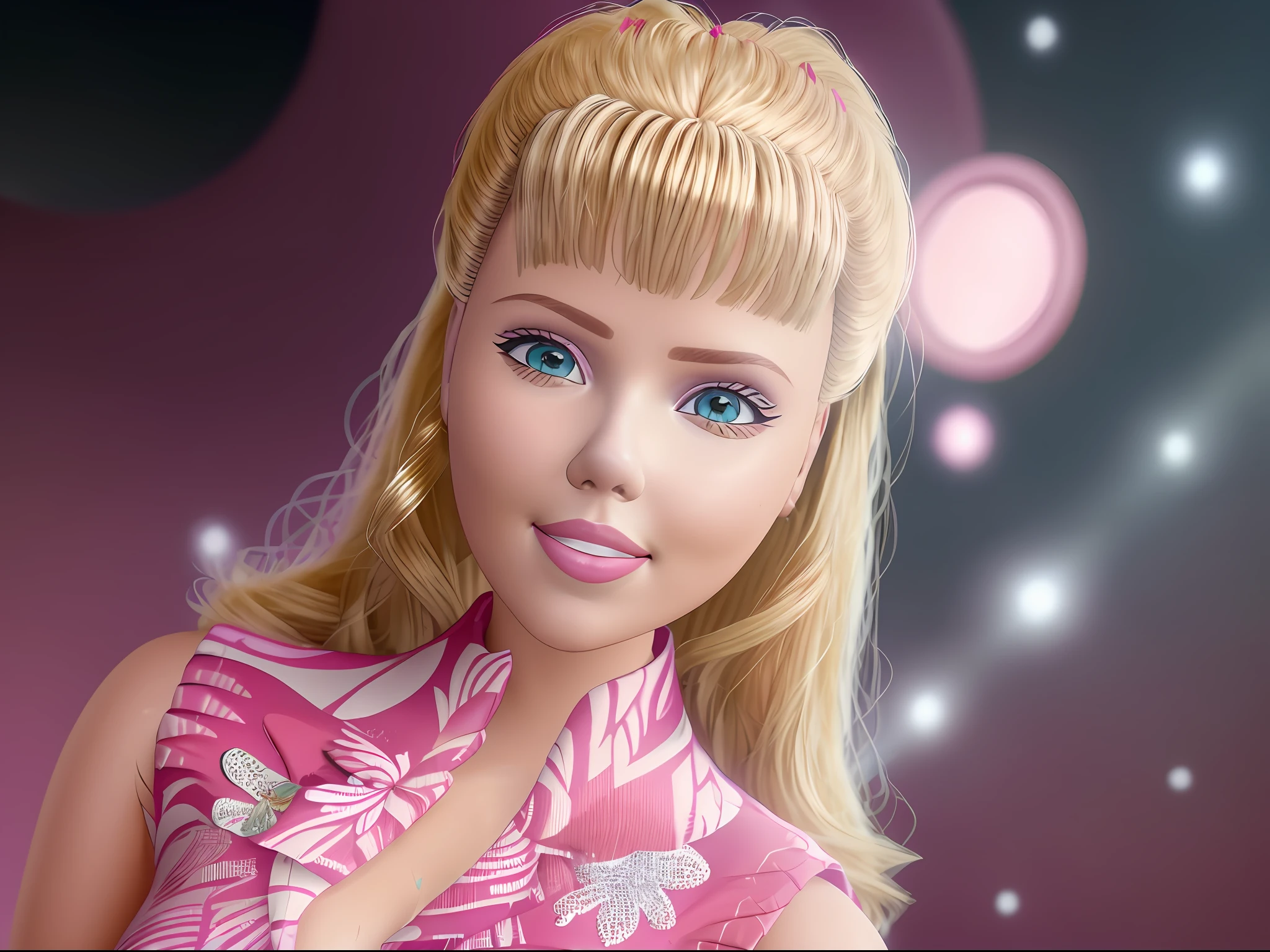 (masterpiece, best quality), highres, (8k, RAW photo, highest quality), (Scarlett Johansson as Barbie), (Scarlett Johansson faces:1.2), Scarlett Johansson, (blonde hair) , ultra-realistic, 3d, centered, (TS_Barbie), mid shot, (full body:1.2), a cartoon girl in solid PINK dress in the style of pixar, (dress solid pink color), (perfect lighting and composition:1),soft lighting, (high detail, 8K resolution:1), hdr:0.7, detailed face, perfect, (dynamic), pose, (high quality:1.2), plastic skin, ((shiny:1.3)), smile, (depth of field:0.8), 50mm, film grain:0.7, fujifilmXT3, focus face, (sad:1.2), looking at viewer, detailed eyes, detailed face, floating particles, beautiful, light makeup, lipstick, (thick waist and thighs:0.6), amazing composition