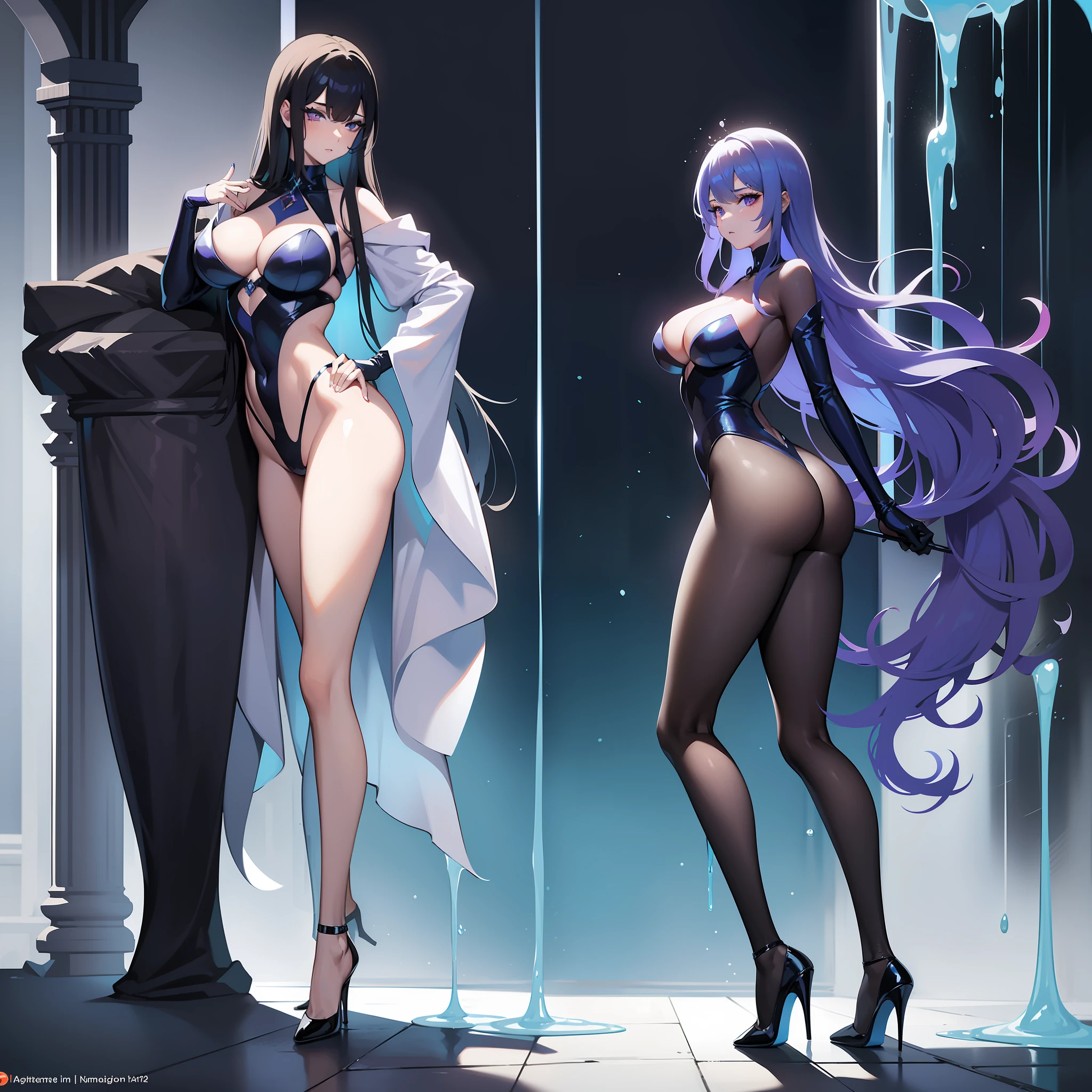 The whole body is covered with blue liquid,exposing her chest,Blue liquid,Beautuful Women,high-heels,blacksilk,Purple eye,are standing,Raised sexy,Cocked buttocks,Long-legged beauty,Thin leg,Mucus gets into the butt
