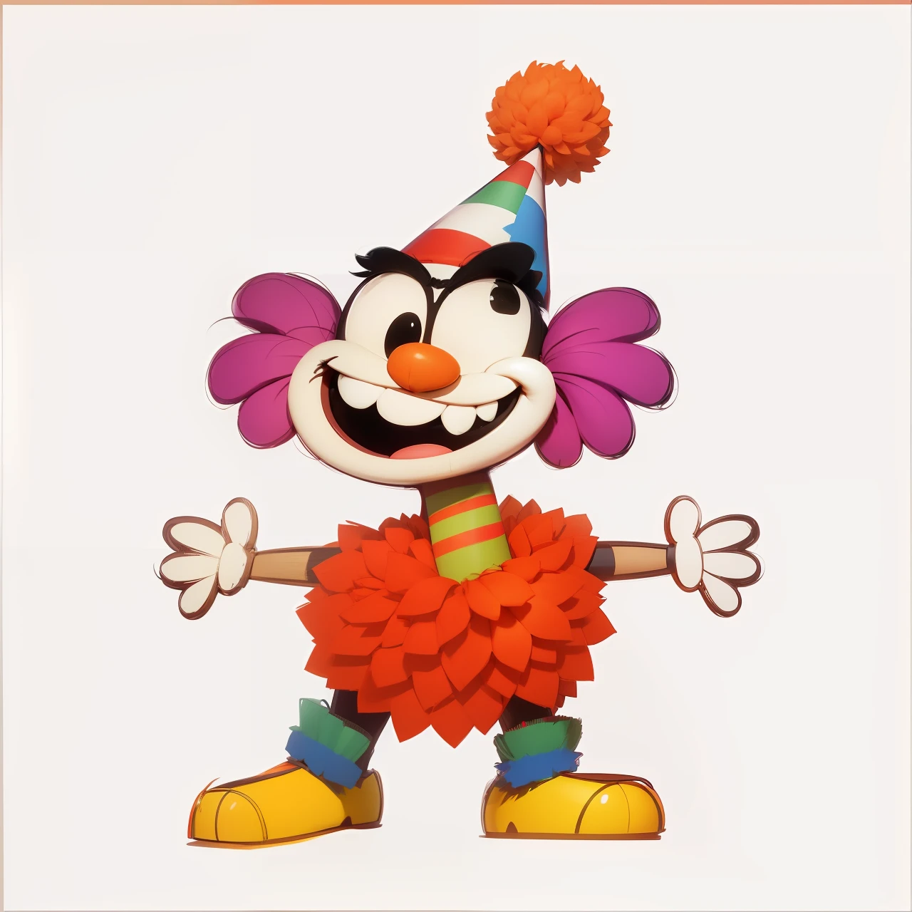 Mauricio de Souza style character, , foco nítido , with party hat on his head, Birthday hat with red pompom on tip of hat, olhos de desnho animado, olhos de revista em quadrinhos, Roupas plown. Clown nose, dentes reais, estilo desenho, Estilo Pixar,sorridente, Feliz, desenho, soft-lighting, HDR, Colouring, good composition, espetacularPixar, Disney, auta qualidade,estilo Disney-Pixar 3D, Motor irreal, circunstanciado, Ultra High Definition, 8k, - -q 1 - -v 4