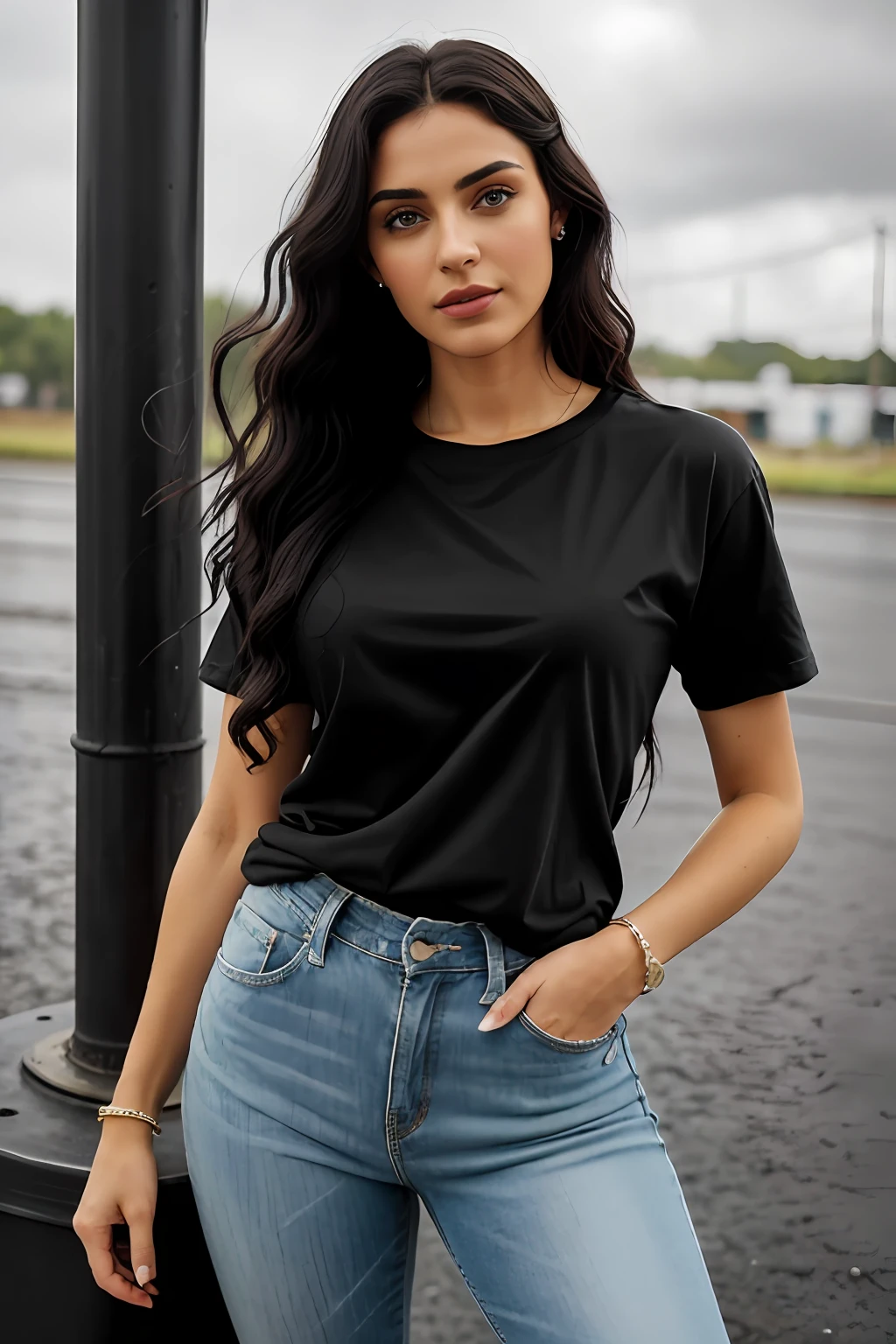 ((Best Quality, 8k, Masterpiece:1.3)), Focus: 1.2, Perfect Body Beauty: 1.4, Arabian 27 years old woman: 1.2, ((Black curly Hair)), (Steel gray plain round neck regular fit basic tee-shirt:1.1), no print on Teeshirt, basic full body length regular fitting tee-shirt, Dark grey skinny jeans, long jeans: 1.1, short sleeves black regular tee-shirt, Highly detailed face and skin texture, Detailed eyes, Double eyelids, toned body, Whitened skin, serious mood, large toned breasts, toned firm legs, high heel's, whitened skin, detailed black eyes, black wavy hairstyle, detailed face, middle eastern woman, baggy medium size basic tee-shirt, simple plain Baggy Tee-shirt, toned firm hips, 8K UHD, black anklet, model looks, apocalypse city, rainy weather, dark clouds, silver wrist watch, bracelet, bangle's, open legs style Posing, old gas station, sitting on a old wooden chair, high heels, detailed beautiful feets, detailed feets fingers and shape, dusty sunny weather, old petrol pump, rainy atmosphere, wet roads, model shoot style, she's standing front of Shelby Mustang, full car visible in image, blue cloudy sky