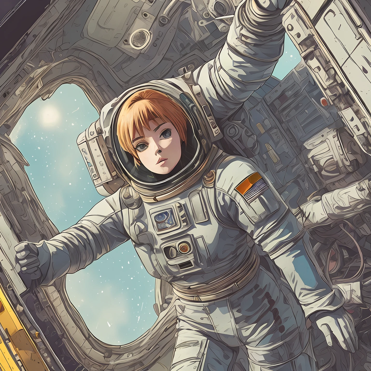 an image of a pretty girl in space suit, in the style of precise, detailed architecture paintings, toonami, iconic pop culture references, animated action, comic art, rtx on, cross-processed film