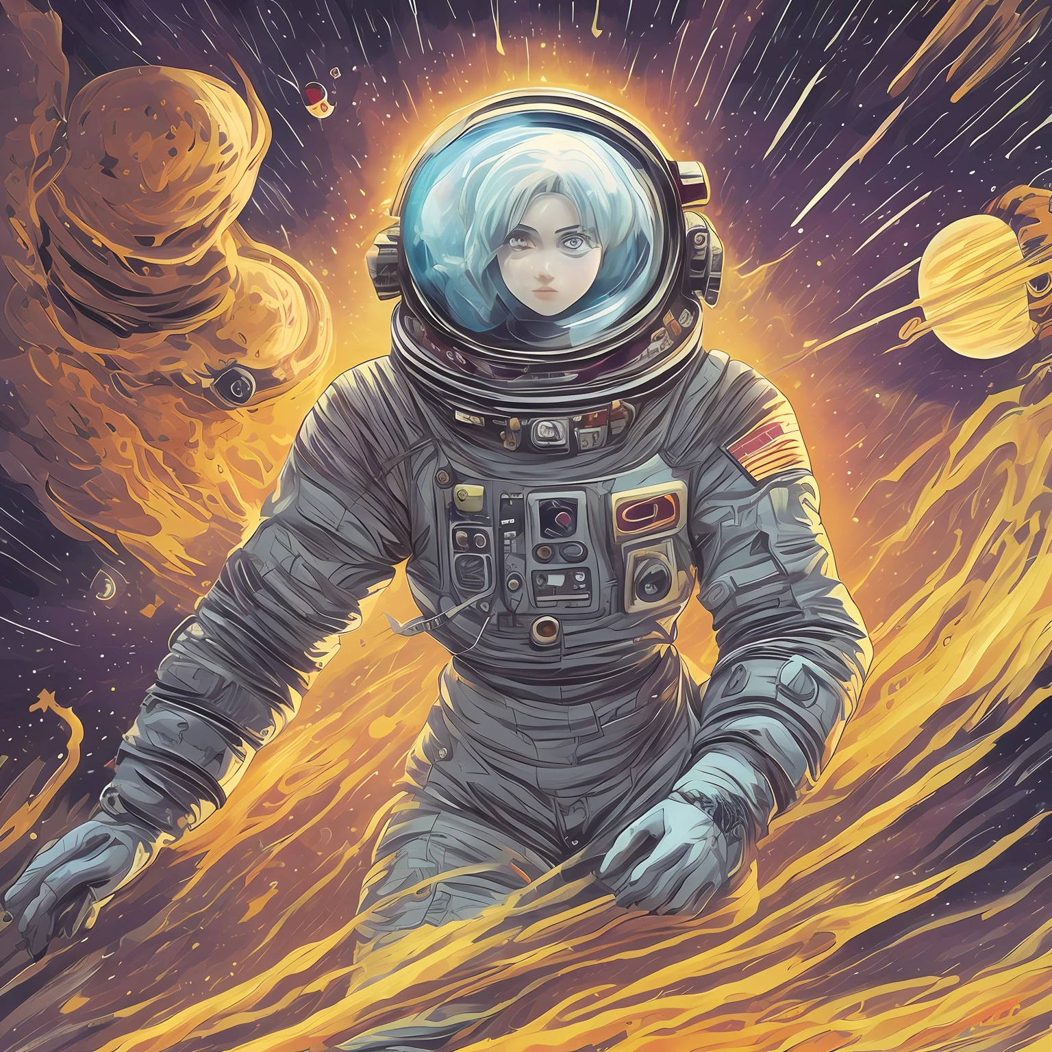 an image of a pretty girl in space suit, in the style of precise, detailed architecture paintings, toonami, iconic pop culture references, animated action, comic art, rtx on, cross-processed film