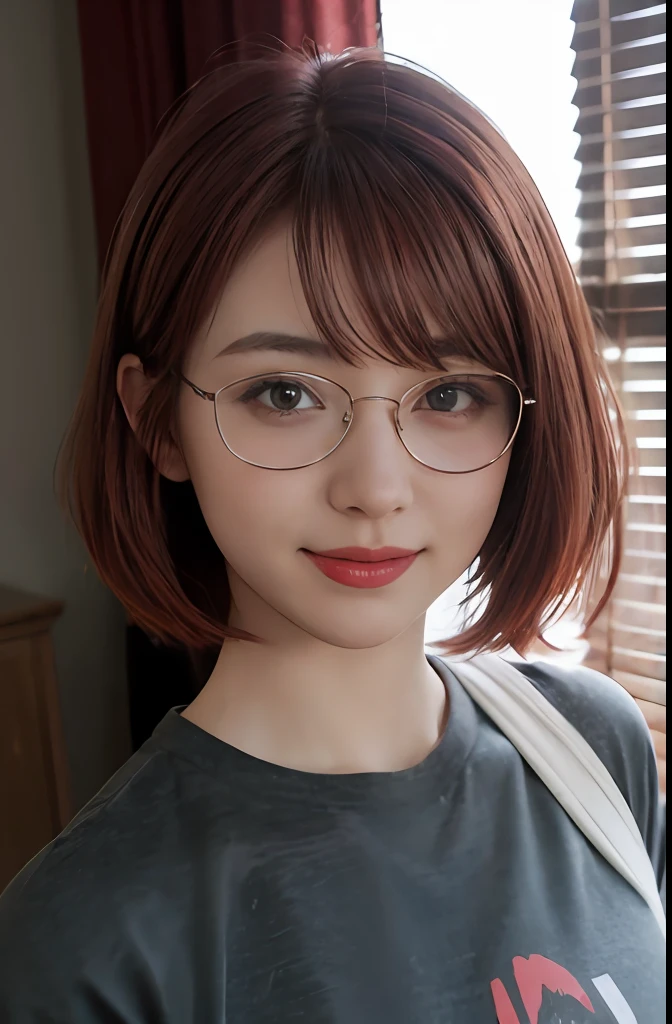 1girl, star eye, blush, perfect lighting, red hair, red eyes, Detailed face, bangs, inside a house, realist, smiling, camera raw, half body photo, masterpiece, best quality, 4k, high quality, wearing glasses, Gym clothes, hair stuck